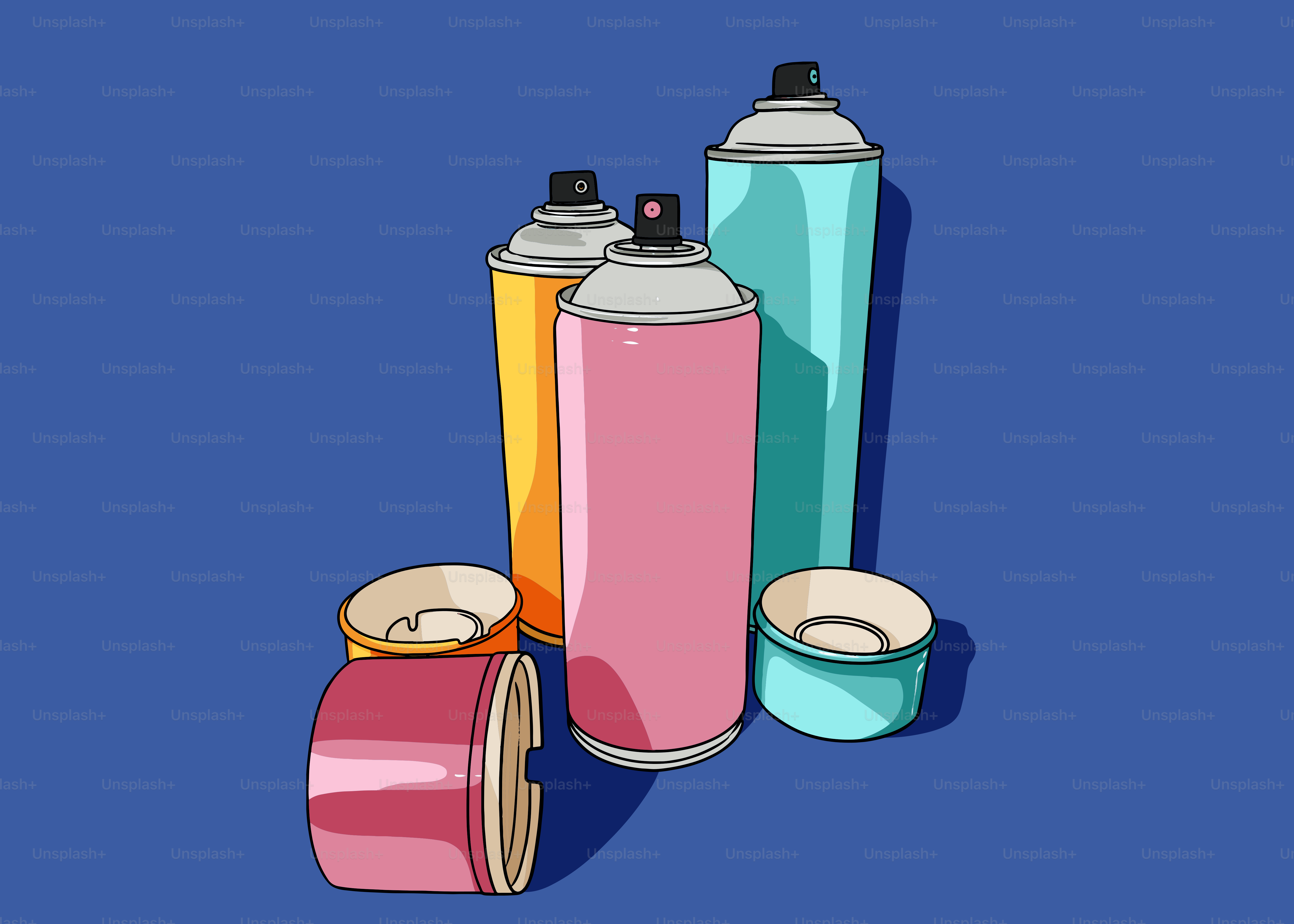 Varias latas de pintura en aerosol de colores con tapas