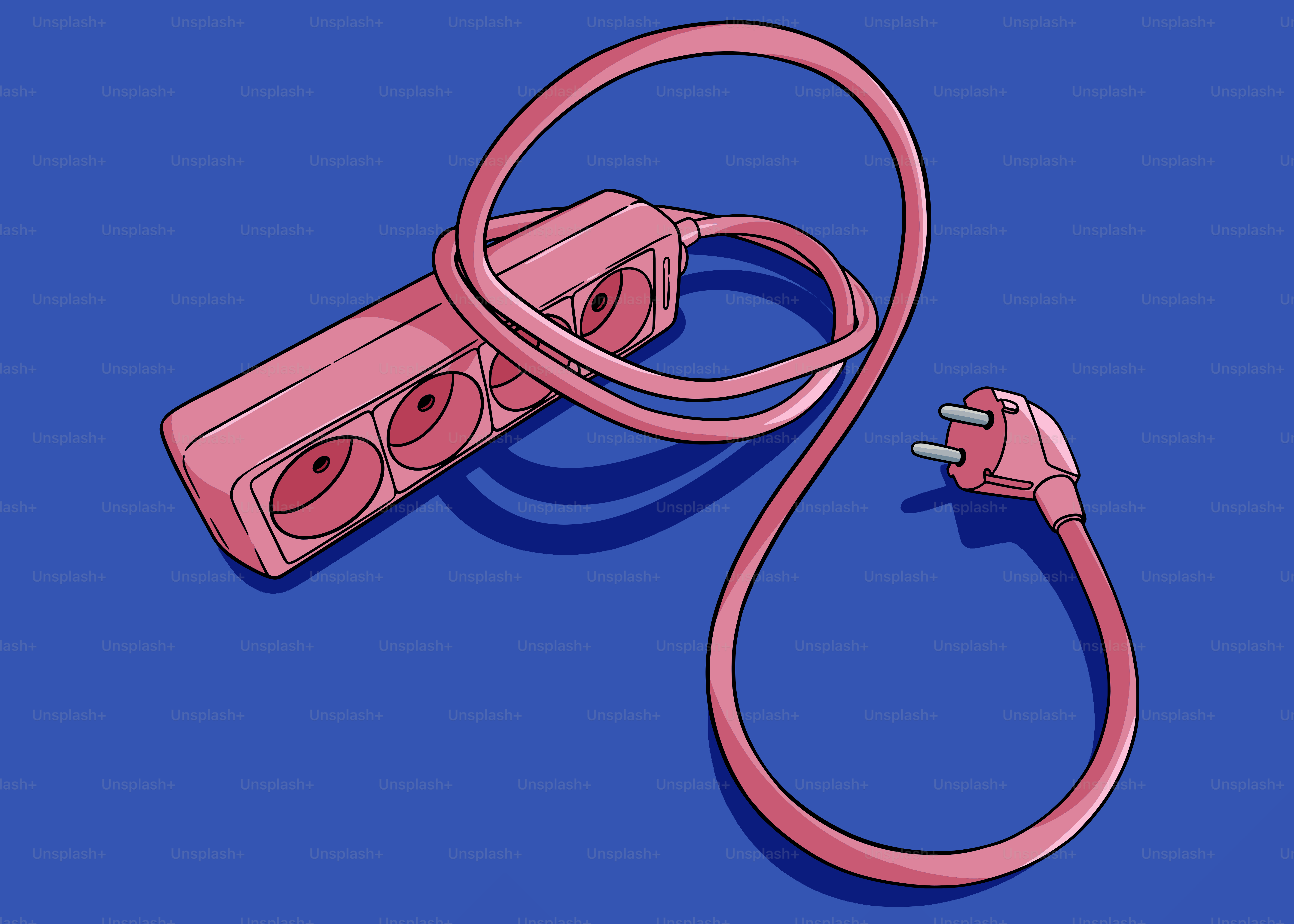 Pink power strip and plug on blue background