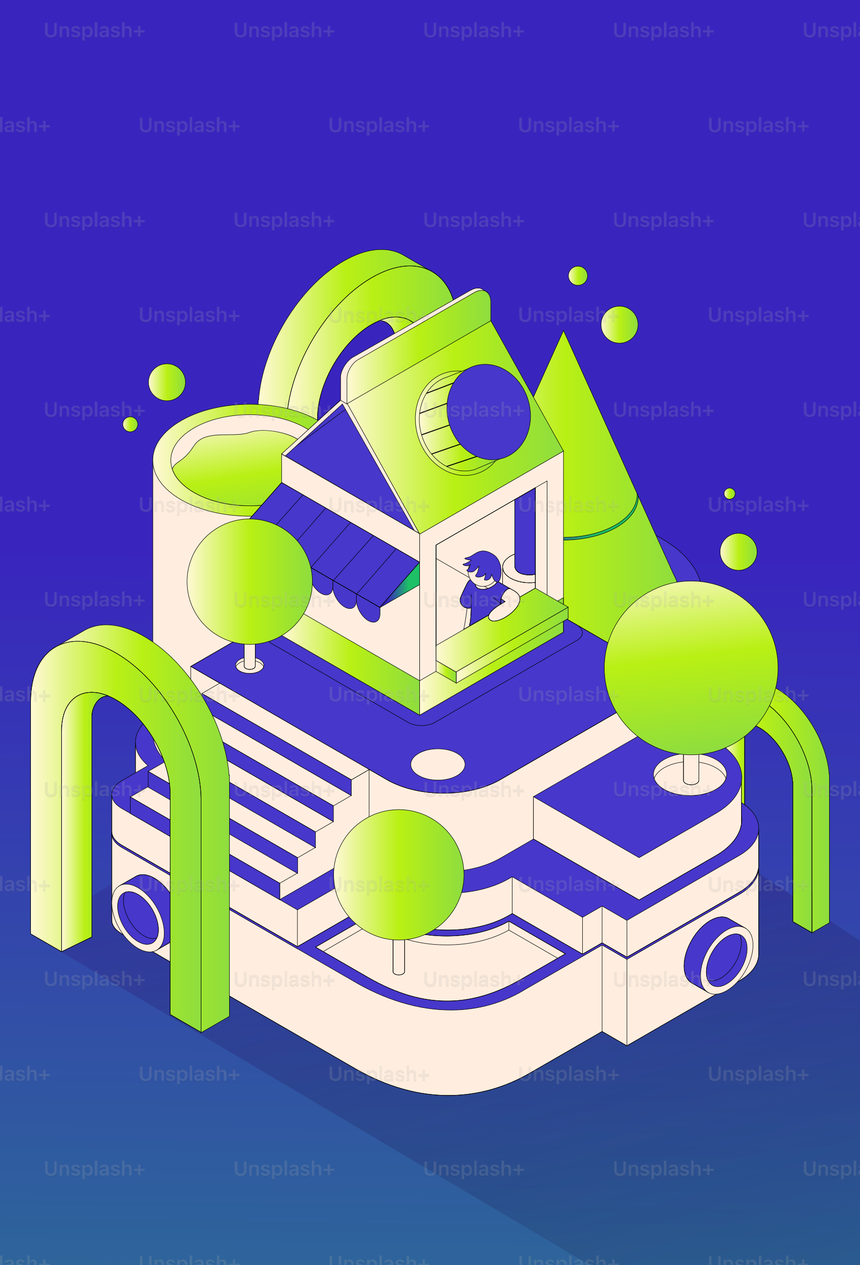 Abstract isometric scene with futuristic structures and spheres.