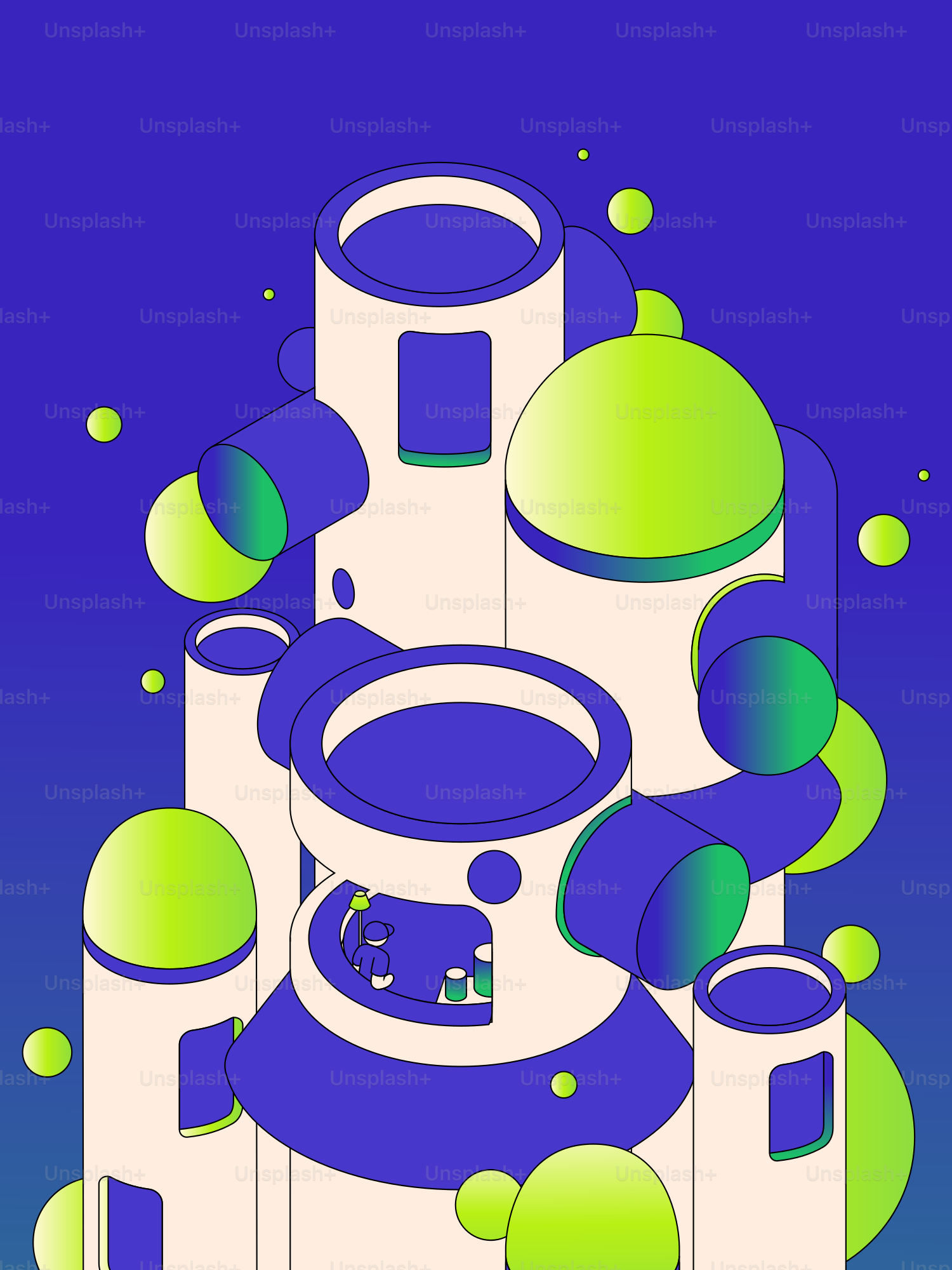 Abstract isometric structures with blue and green accents.