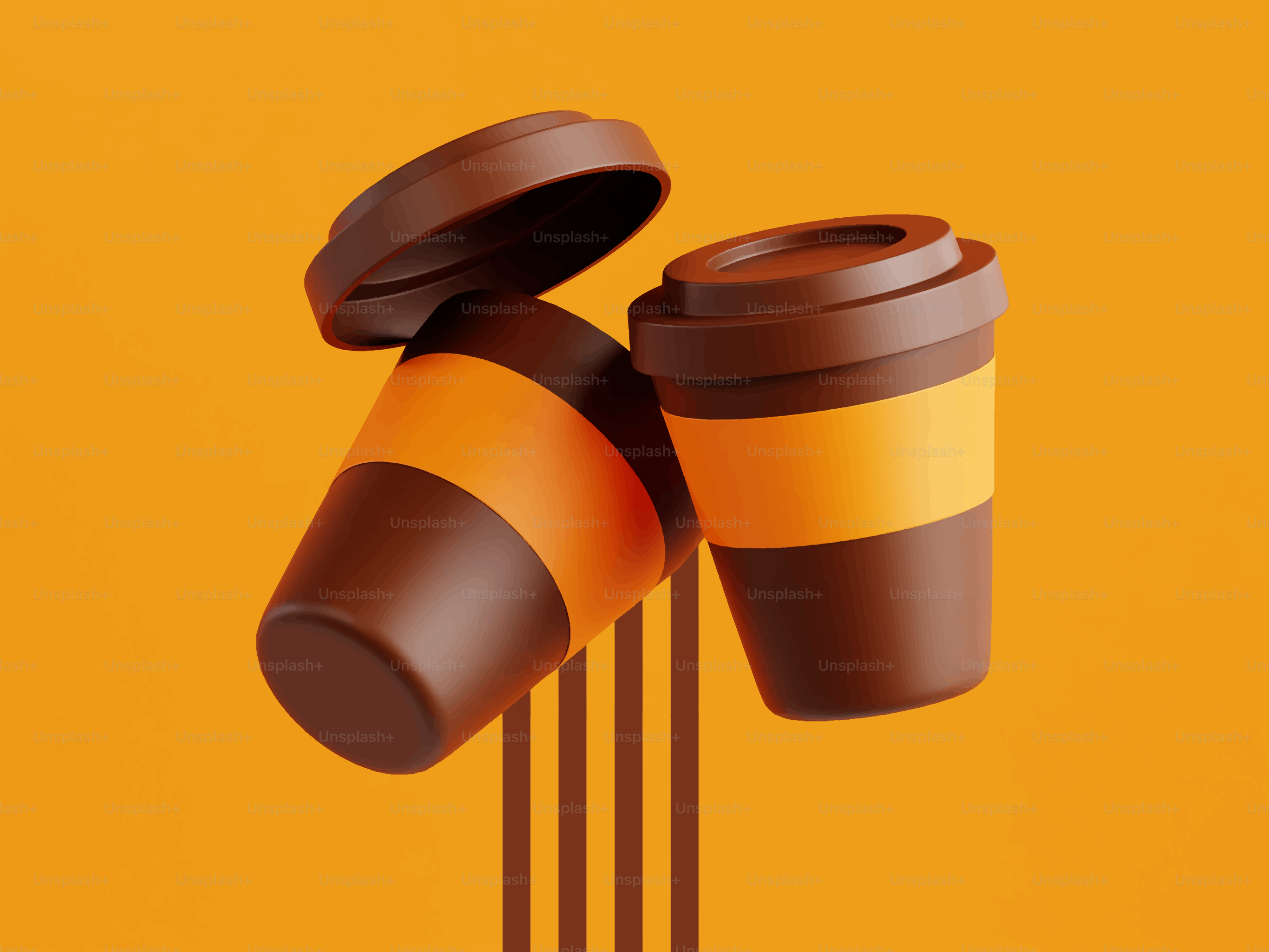 Two brown coffee cups with orange bands