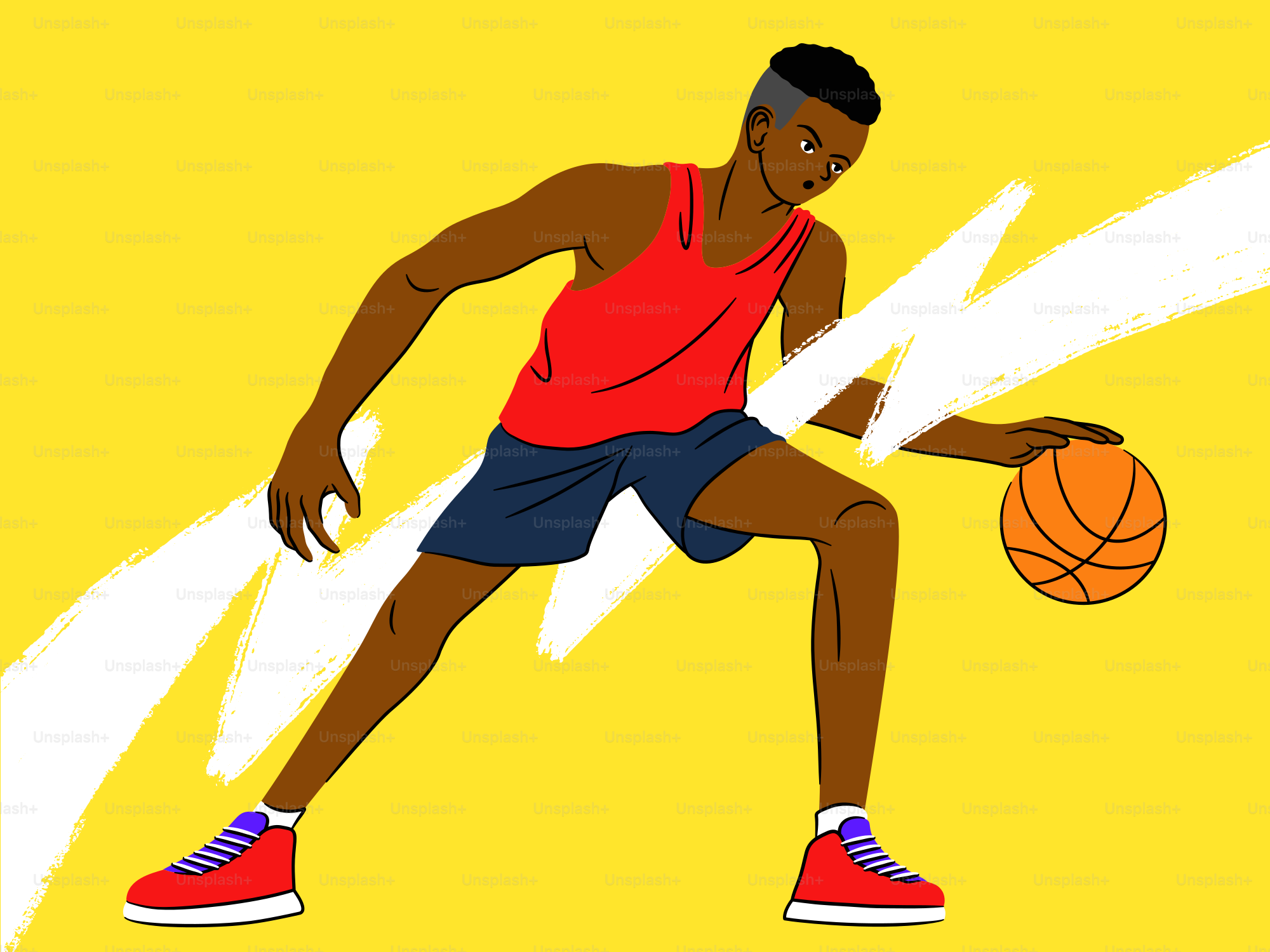 Man dribbling a basketball on a yellow background