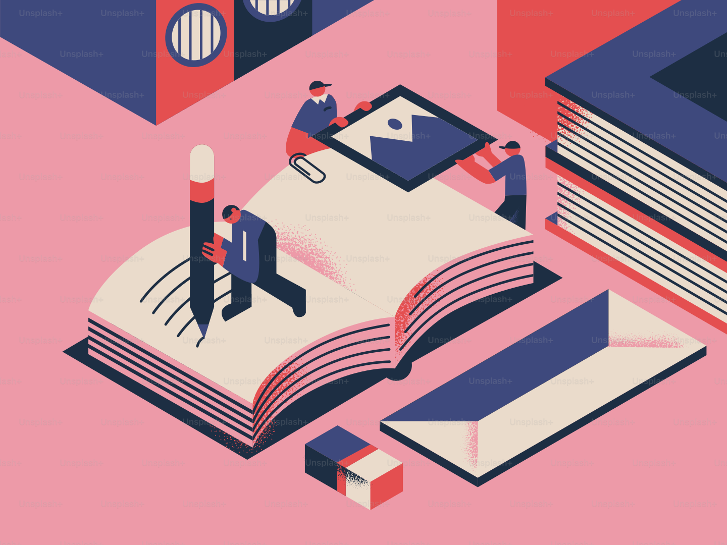 Des gens travaillant sur un grand livre ouvert au crayon.