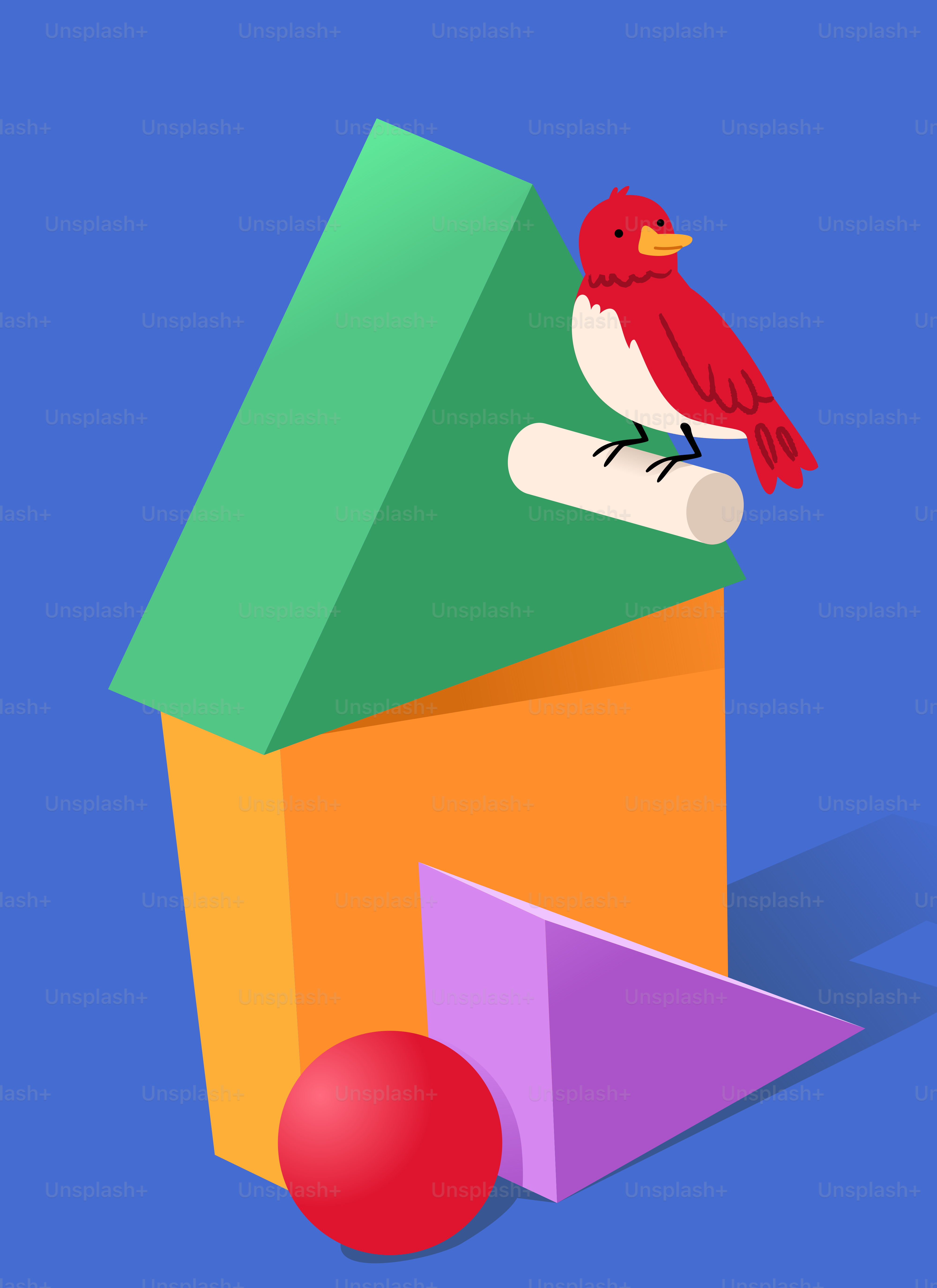 Red bird perched on abstract geometric shapes