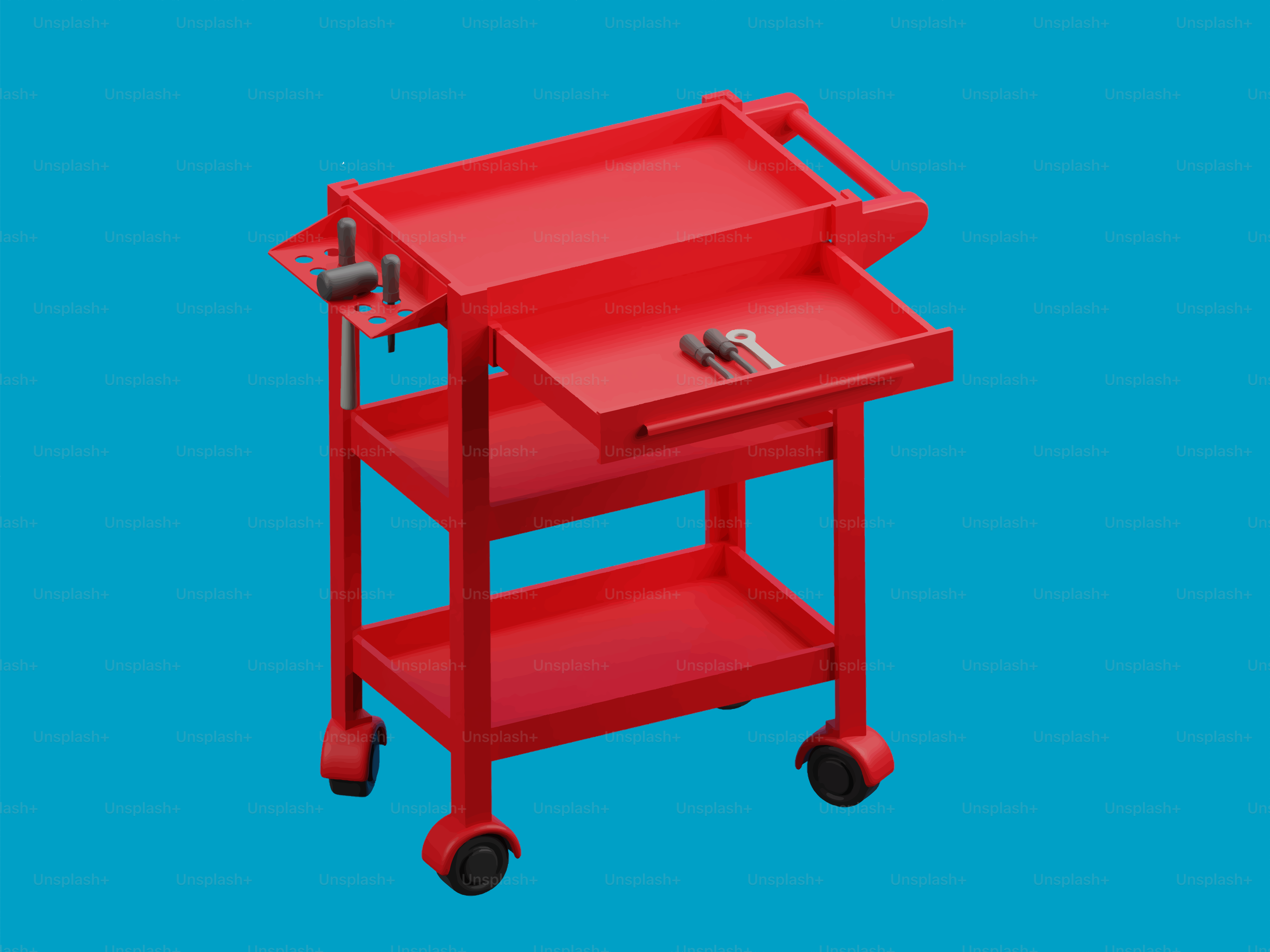 Un carrito de herramientas rojo de tres niveles con cajones