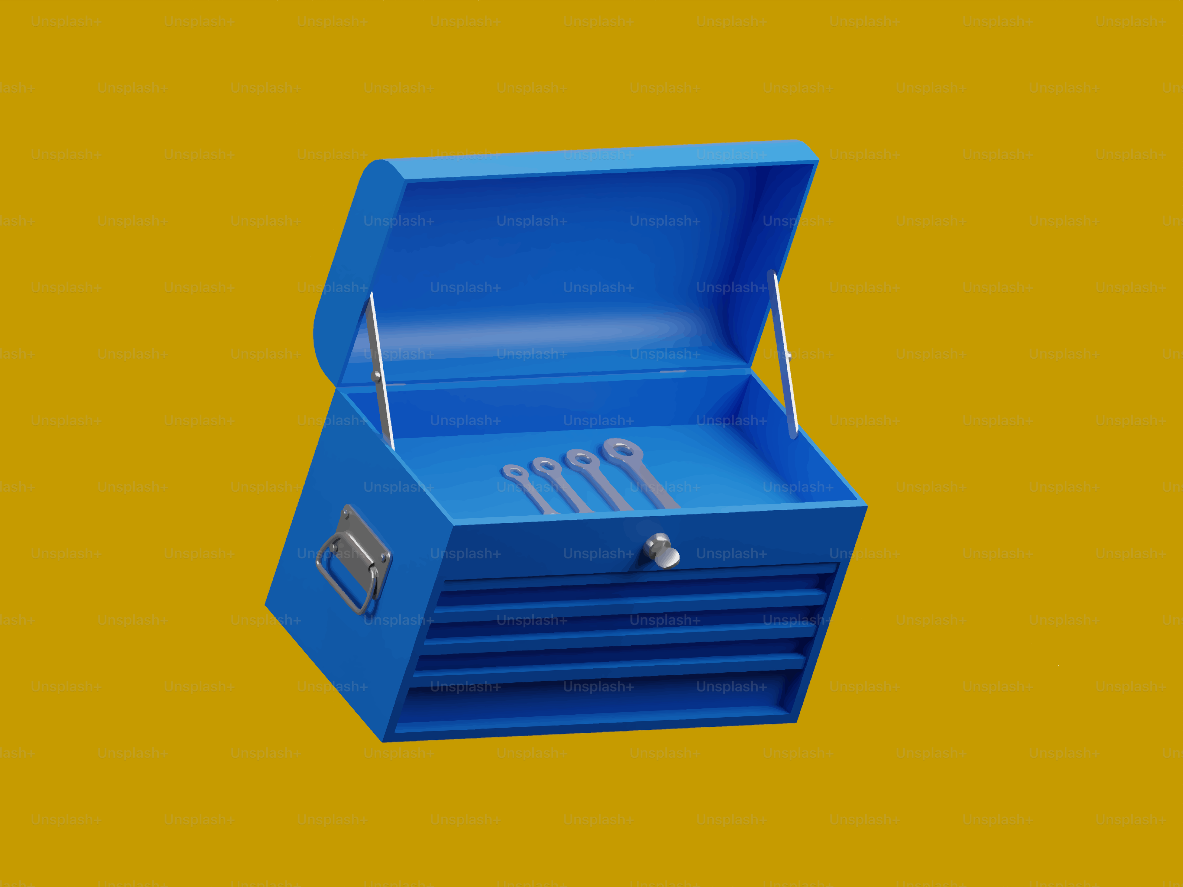Blue toolbox with wrenches on yellow background