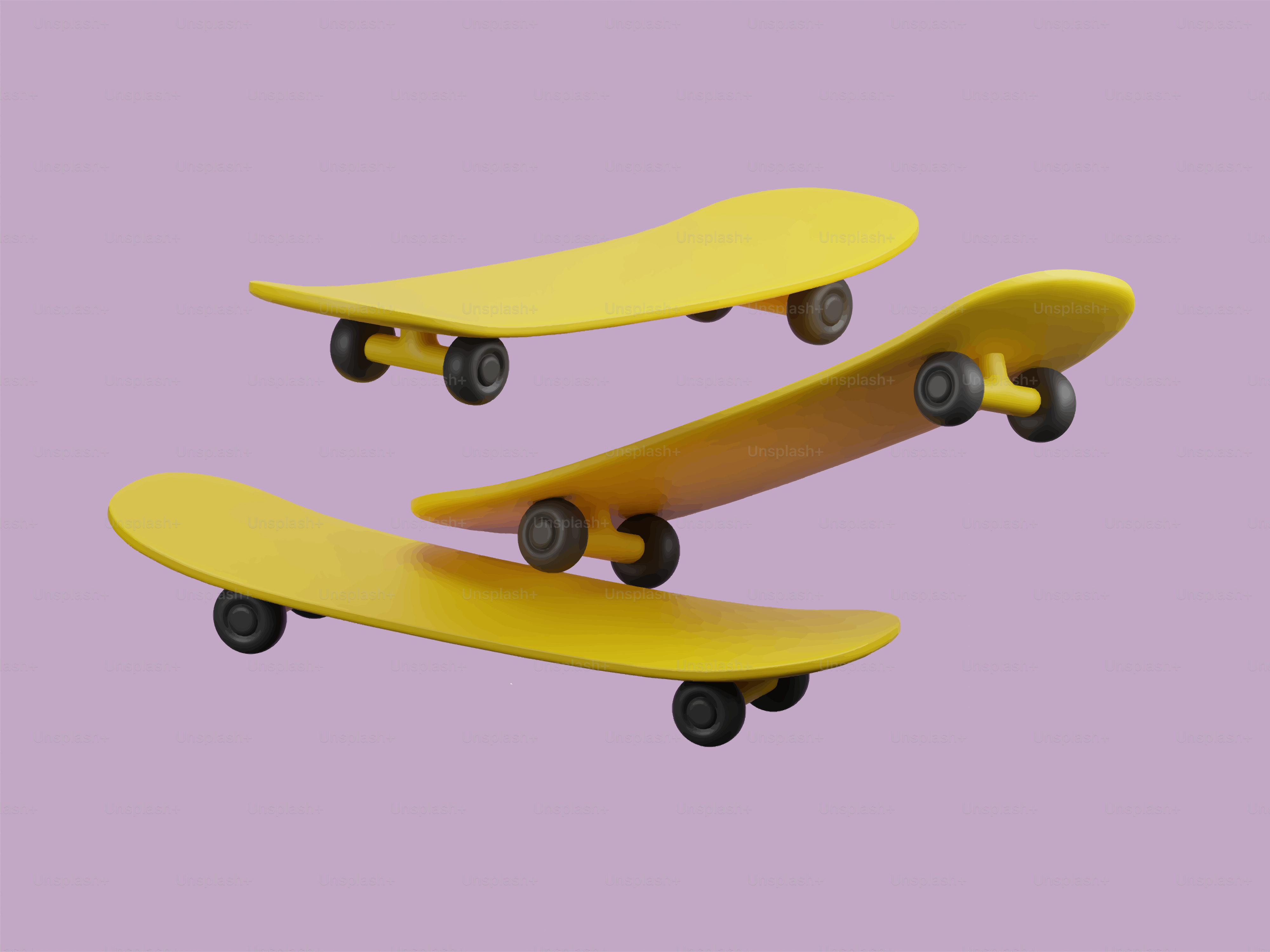 Three yellow skateboards on a purple background