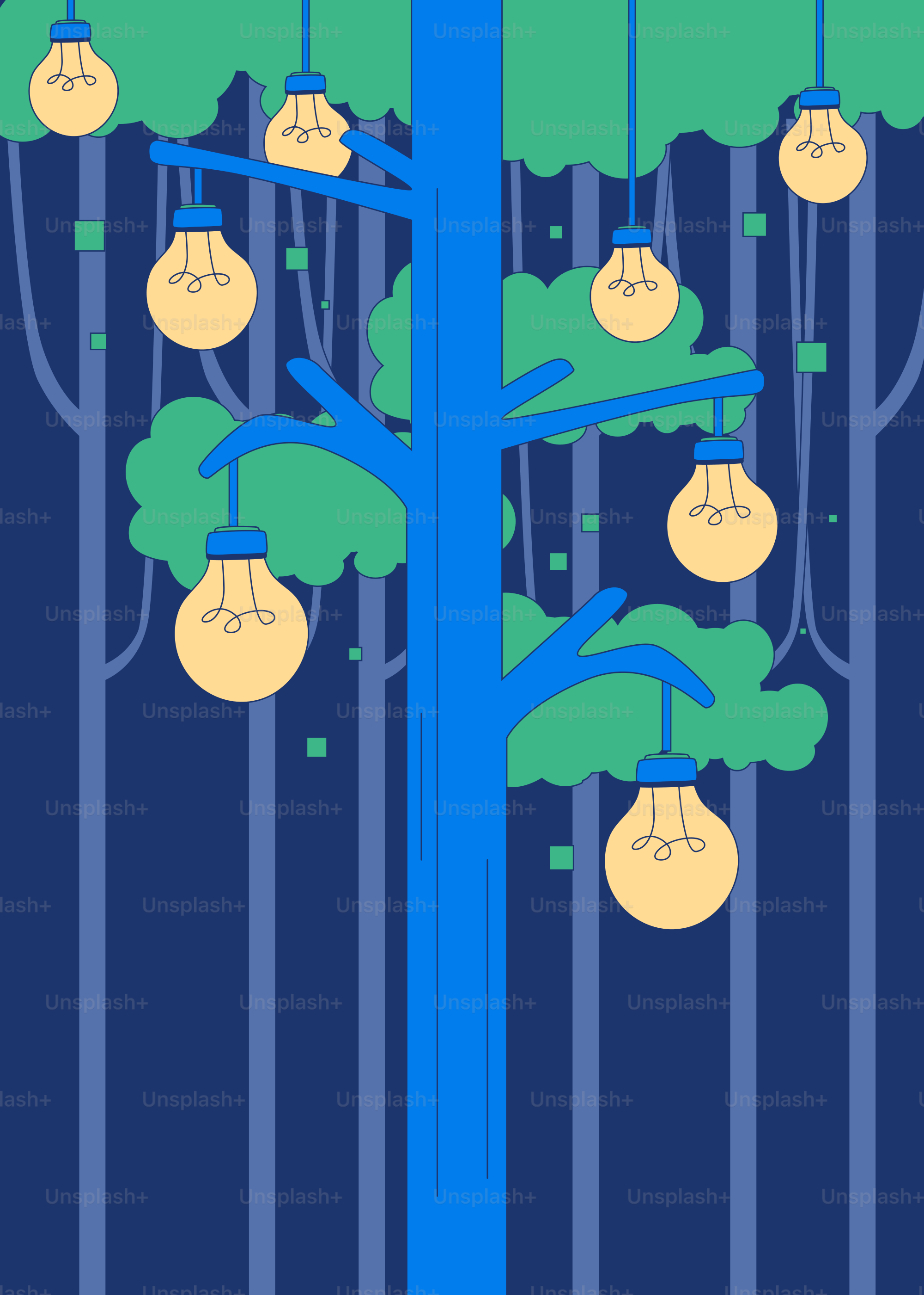 Lâmpadas penduradas em galhos em uma floresta estilizada.