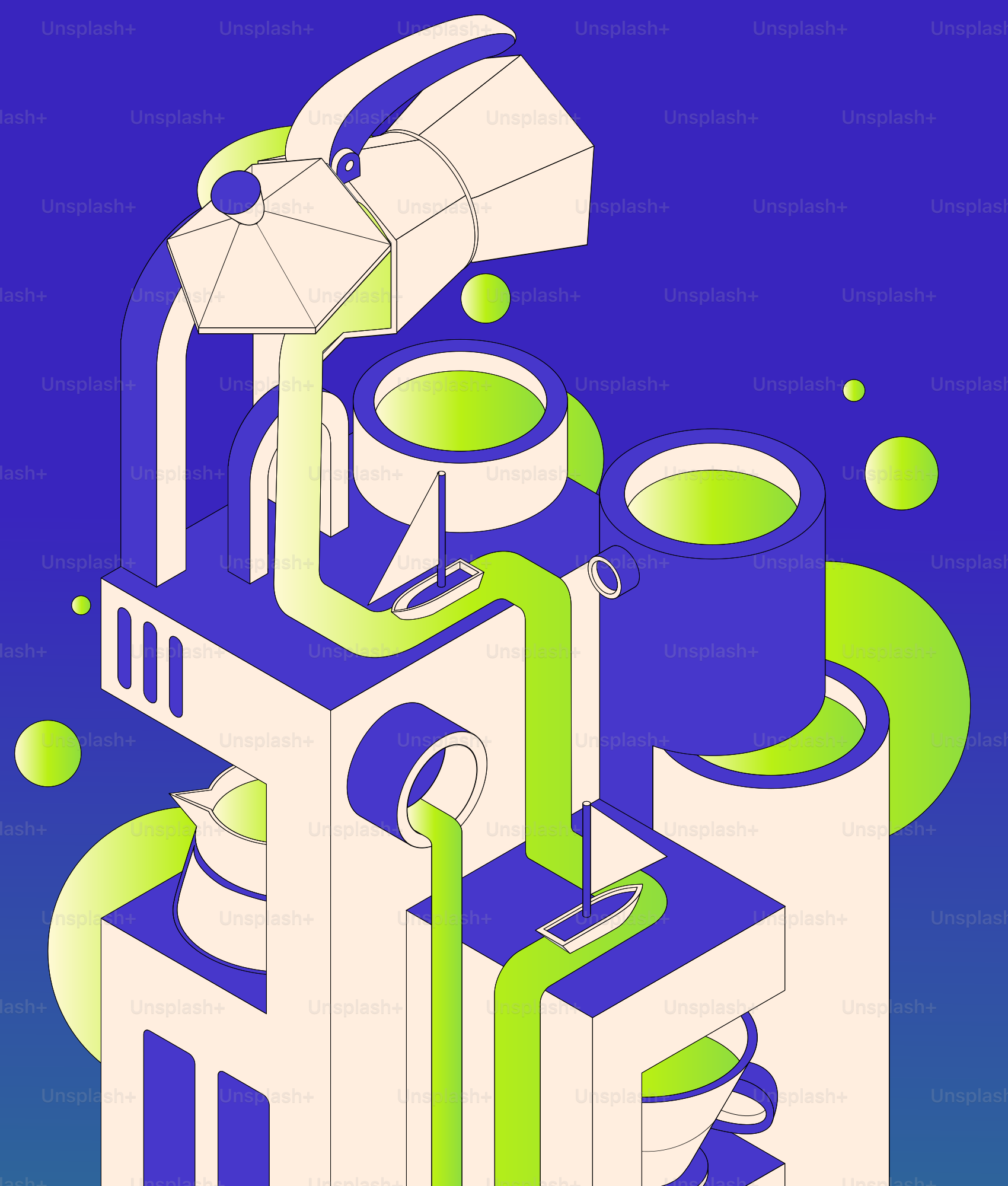 Macchina da caffè astratta con liquido verde che versa