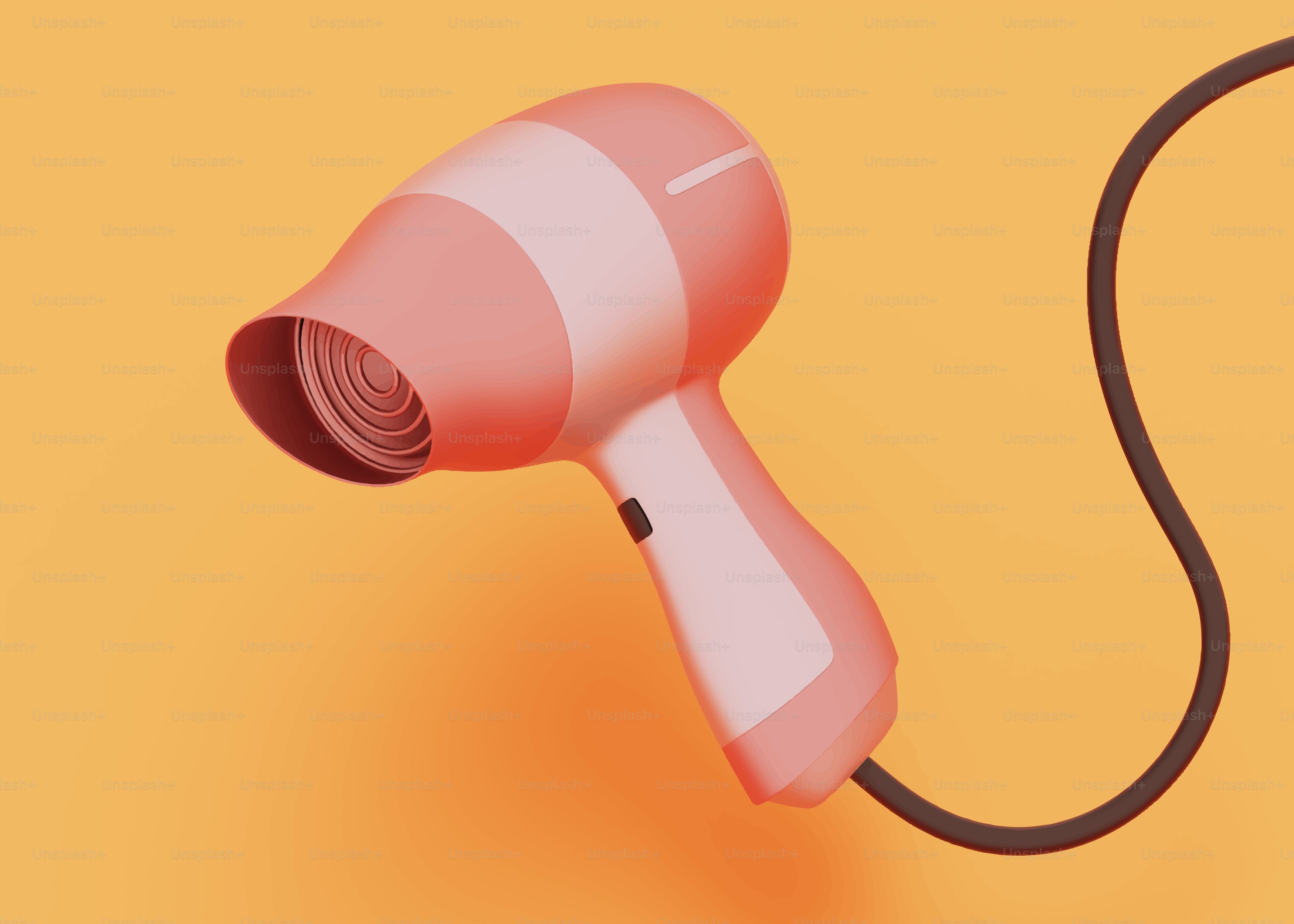 A pink hairdryer with a black cord on orange background