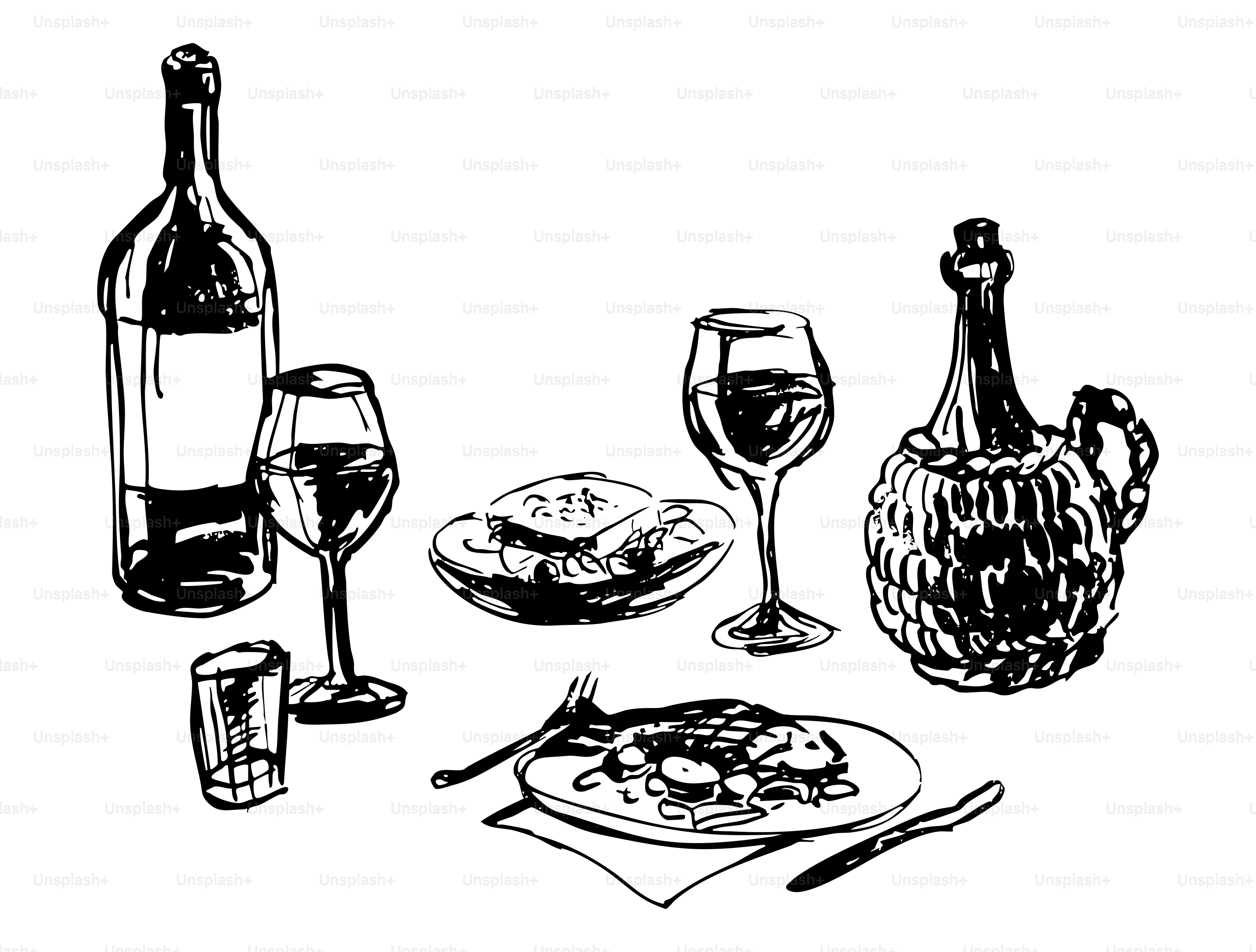 ワインボトルやグラス、食べ物の静物画。