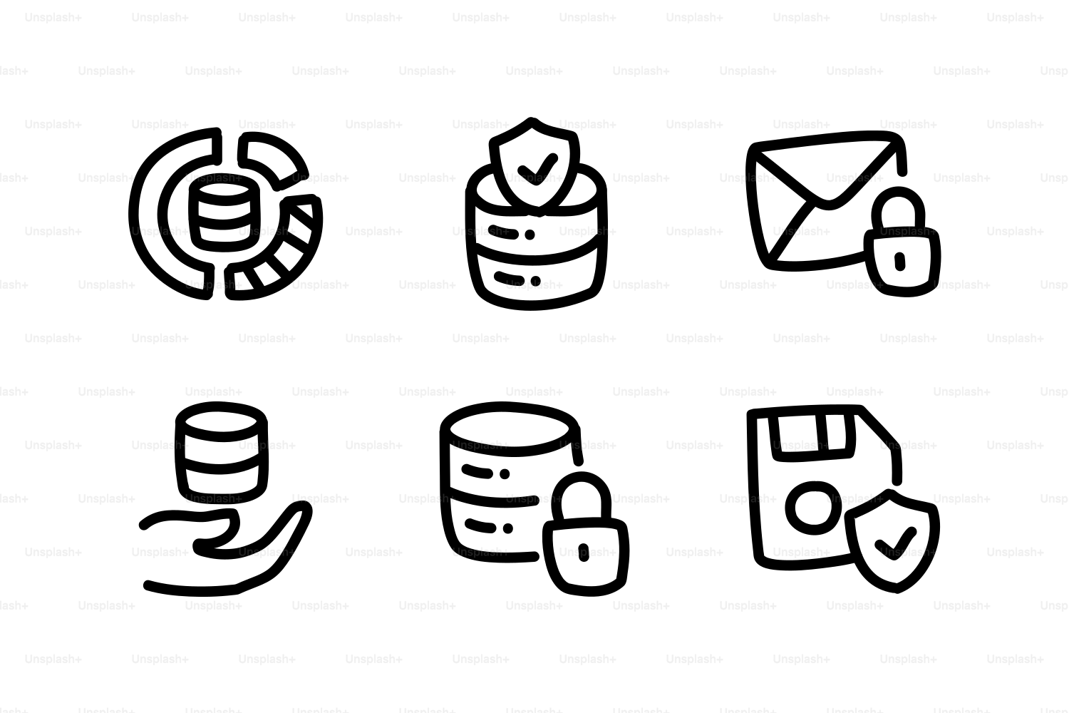 Set aus sechs Symbolen, die sich auf Daten und Sicherheit beziehen.