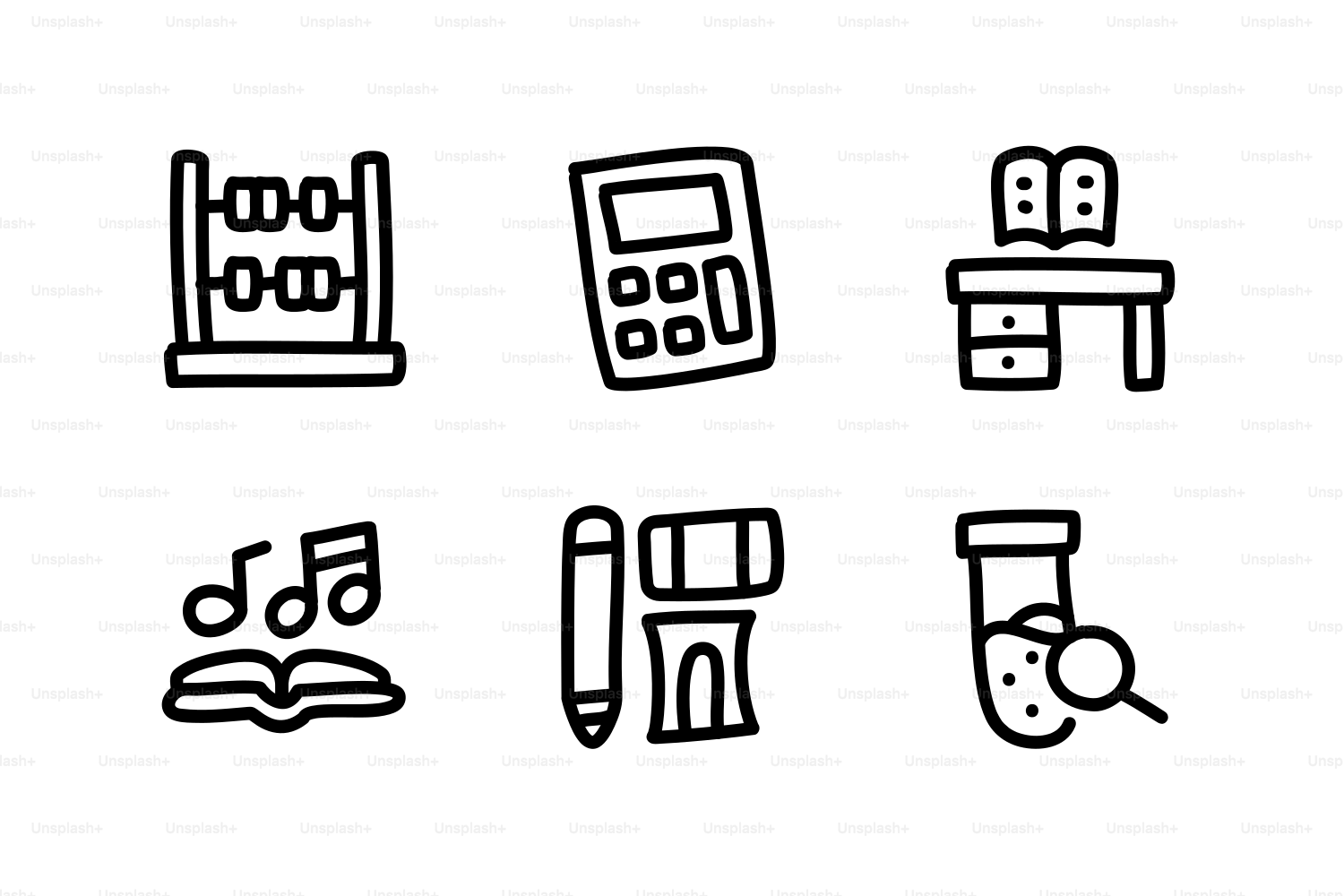 Set of six school-related icons on white background