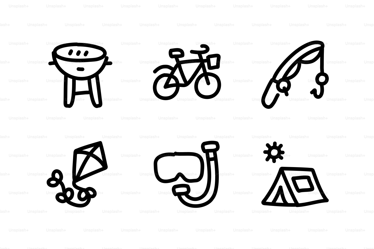 Kritzelei-Symbole für Outdoor-Aktivitäten wie Grillen und Radfahren.