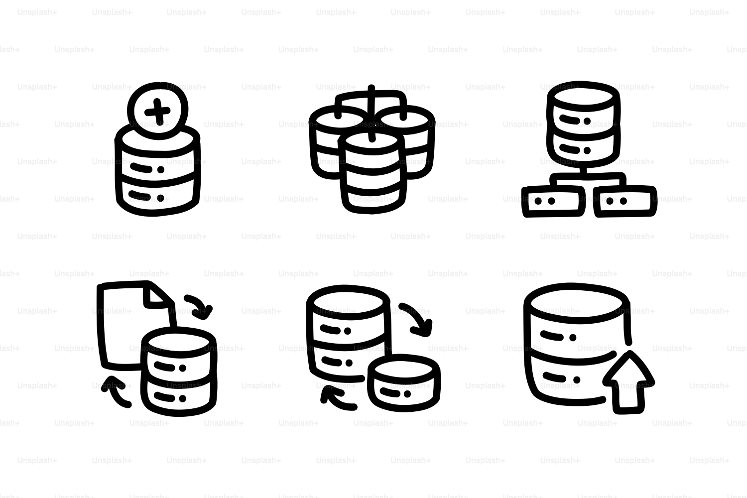 Database icons showing different operations and structures.