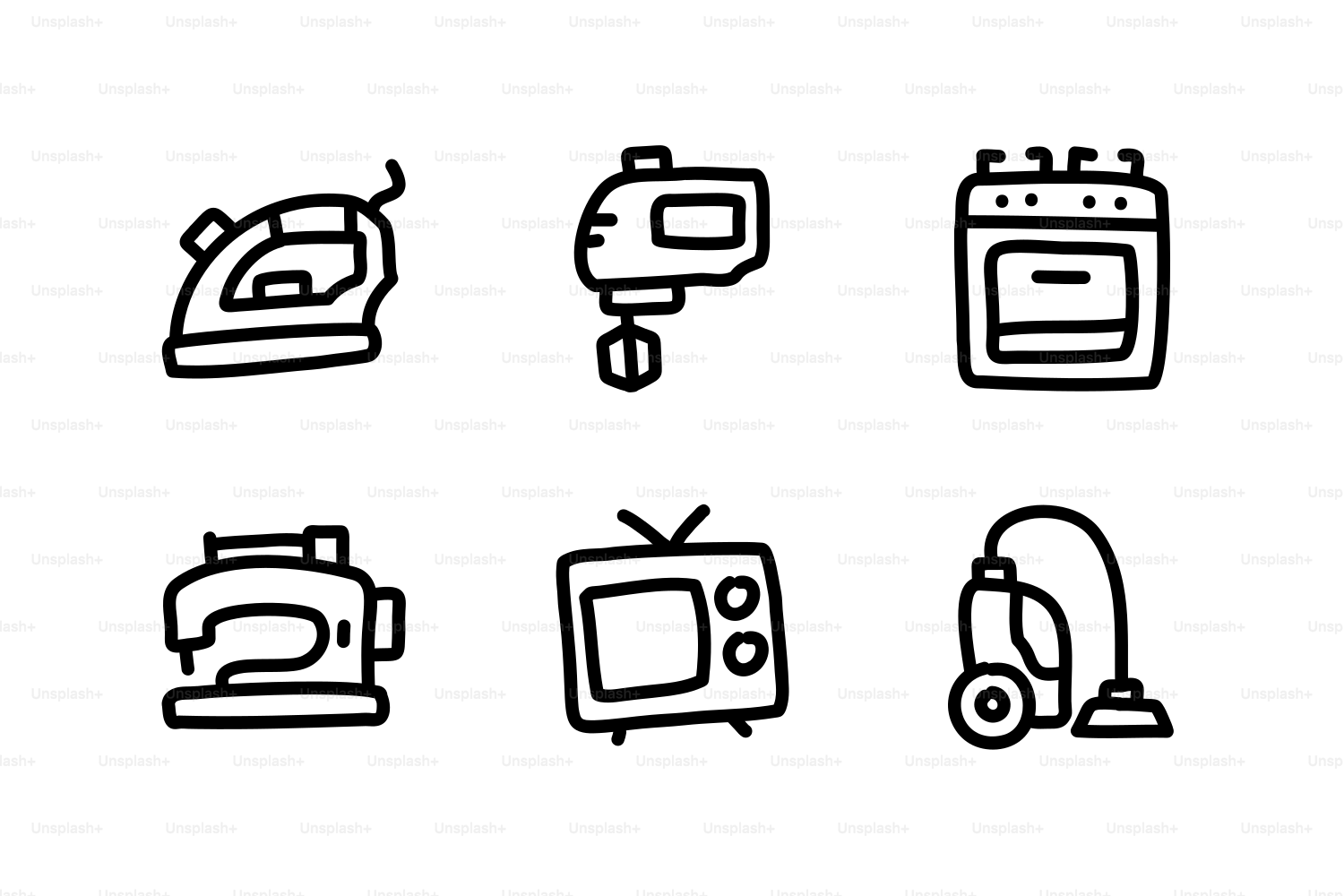 Six household appliances drawn in a simple line art style.
