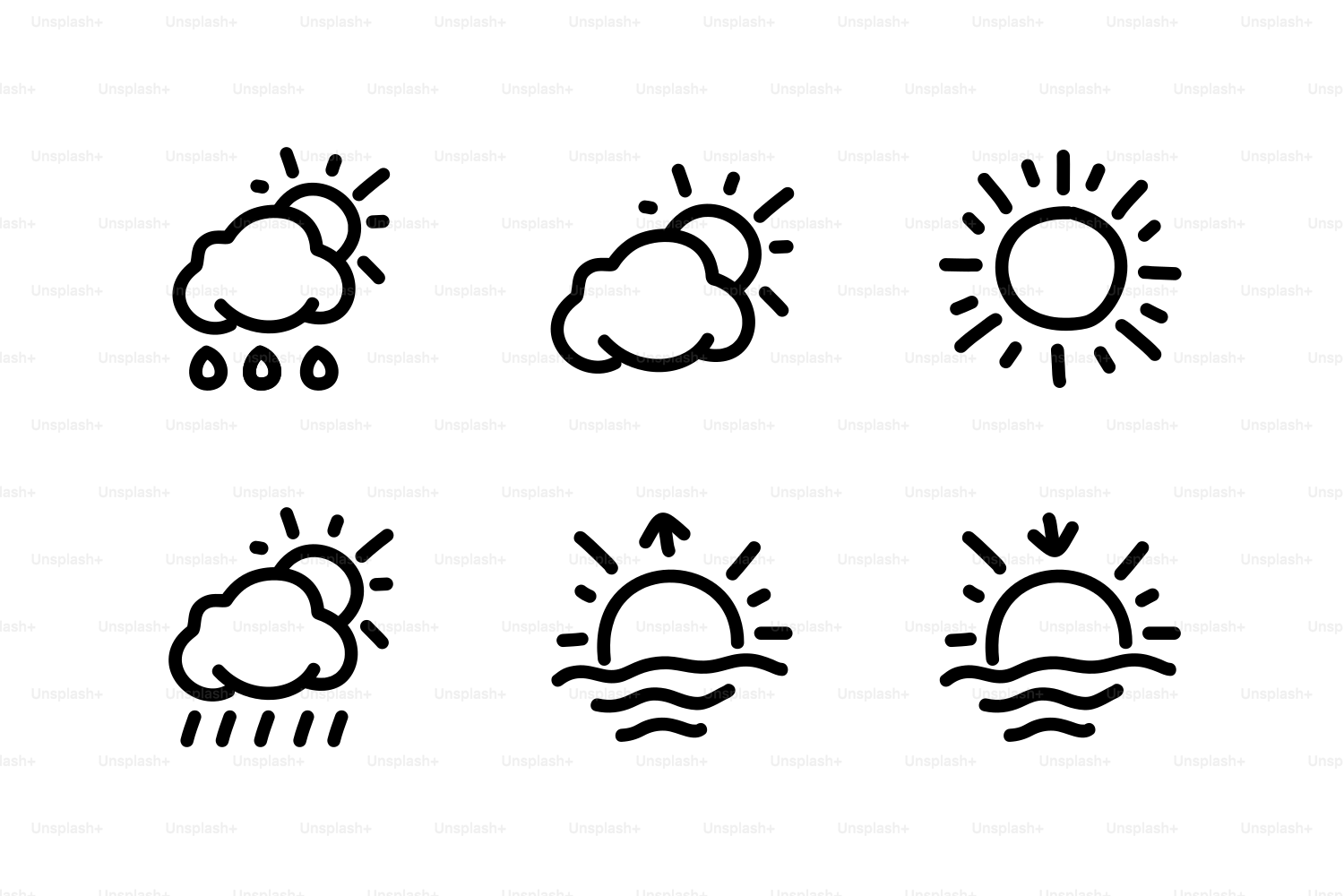 Sechs Wettersymbole, die Sonne, Wolken und Regen zeigen.