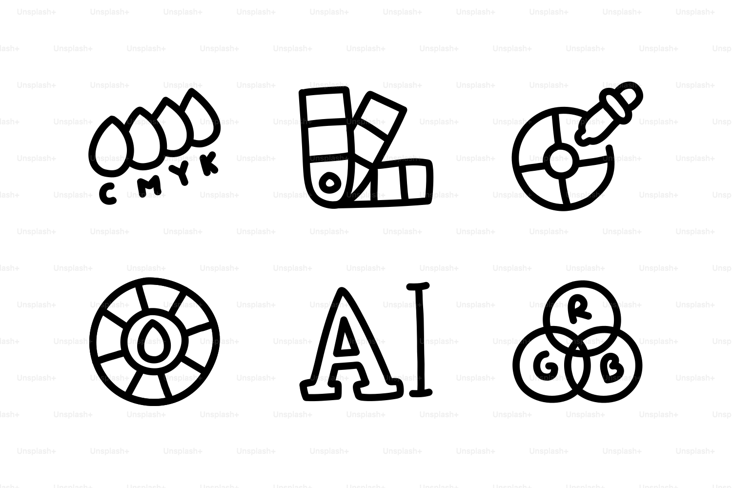 Color palettes and design icons on white background