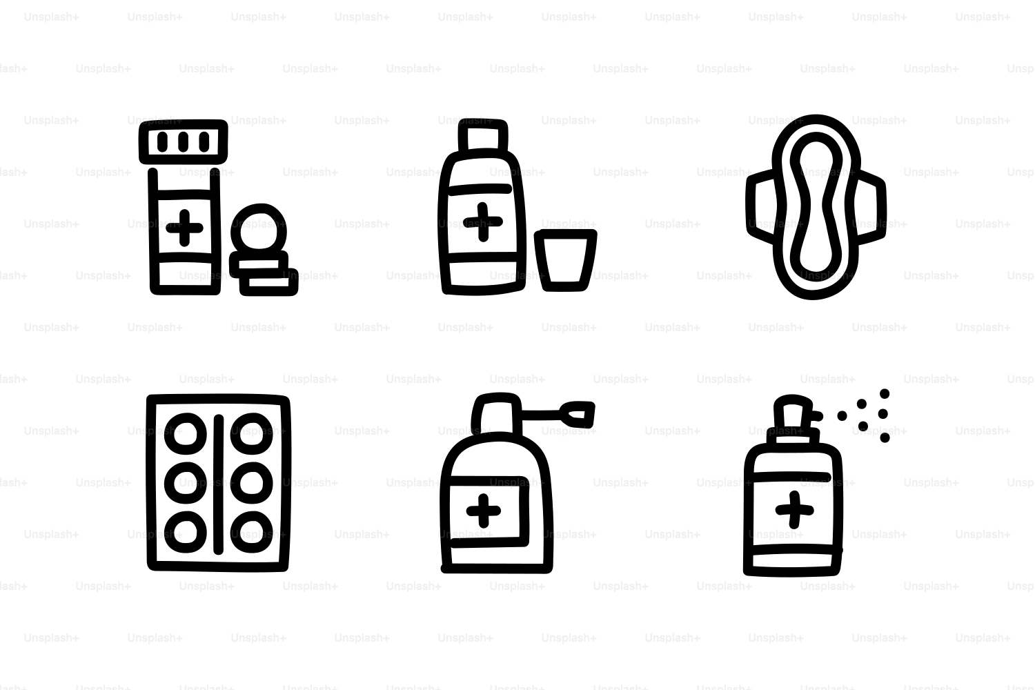 Medical supplies including pills and spray bottles.