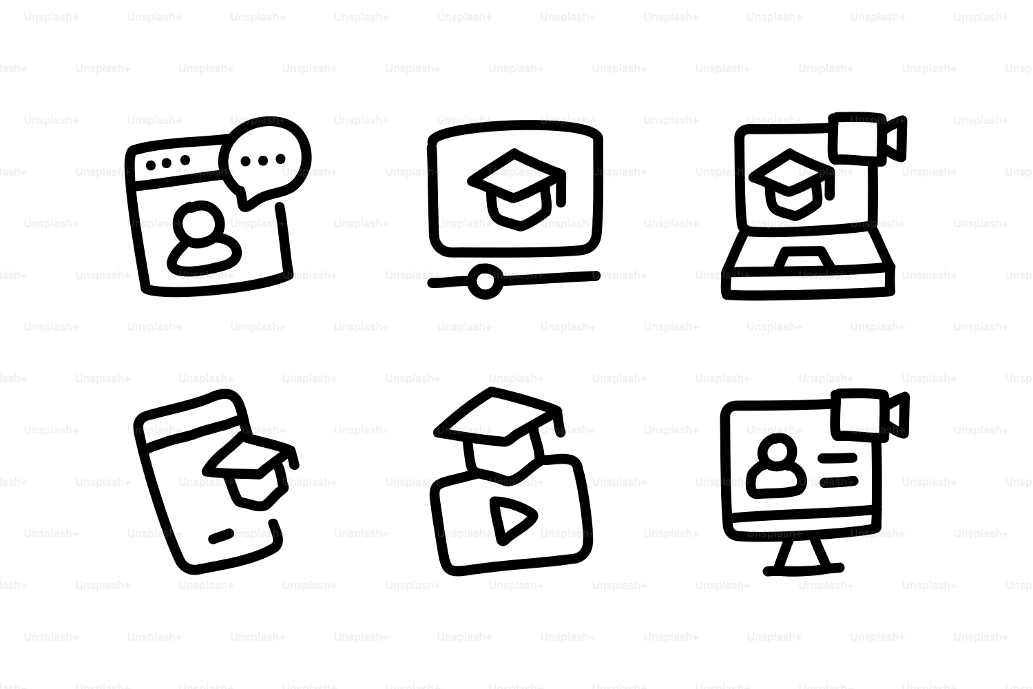 Icone dell'istruzione online: computer, telefono, lettore video.