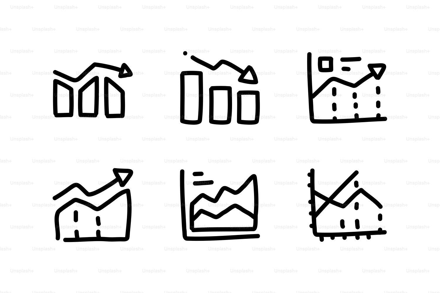 Sei grafici disegnati a mano che mostrano diverse tendenze.