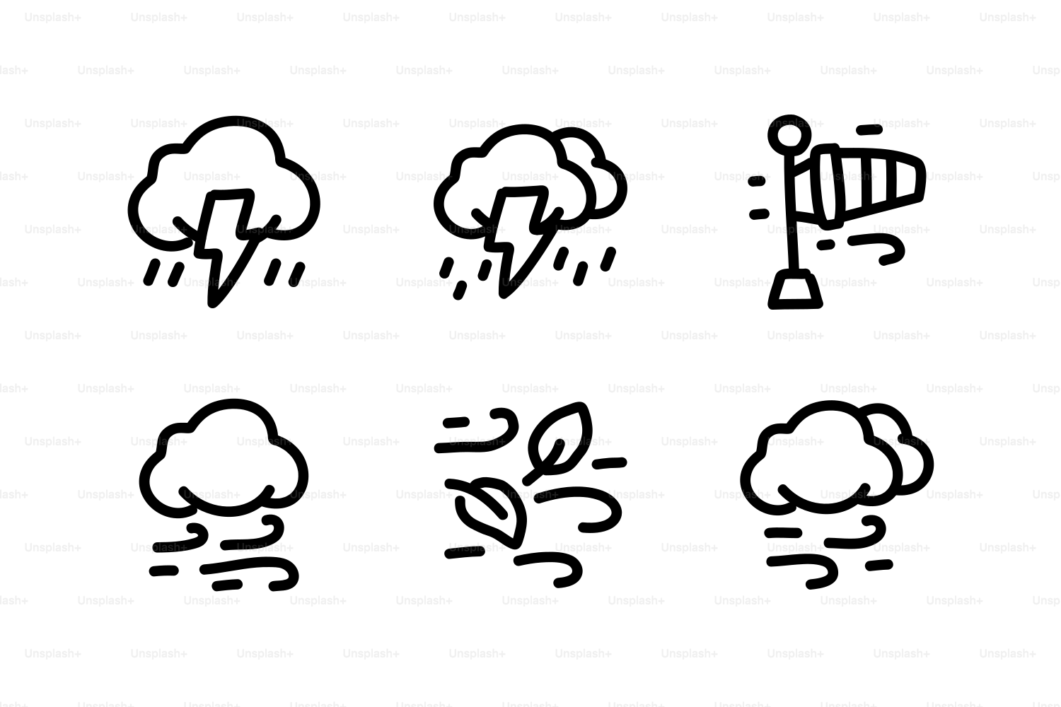 Sei icone meteorologiche tra cui fulmini, vento e vento.