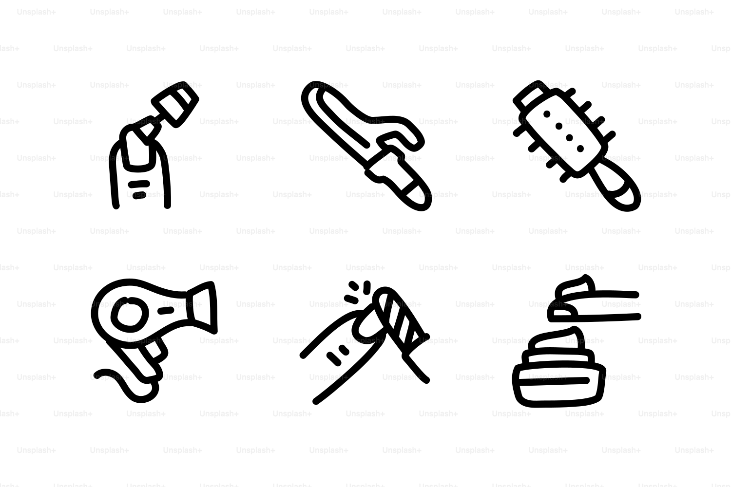 Sei semplici disegni al tratto di articoli di bellezza e cura dei capelli.