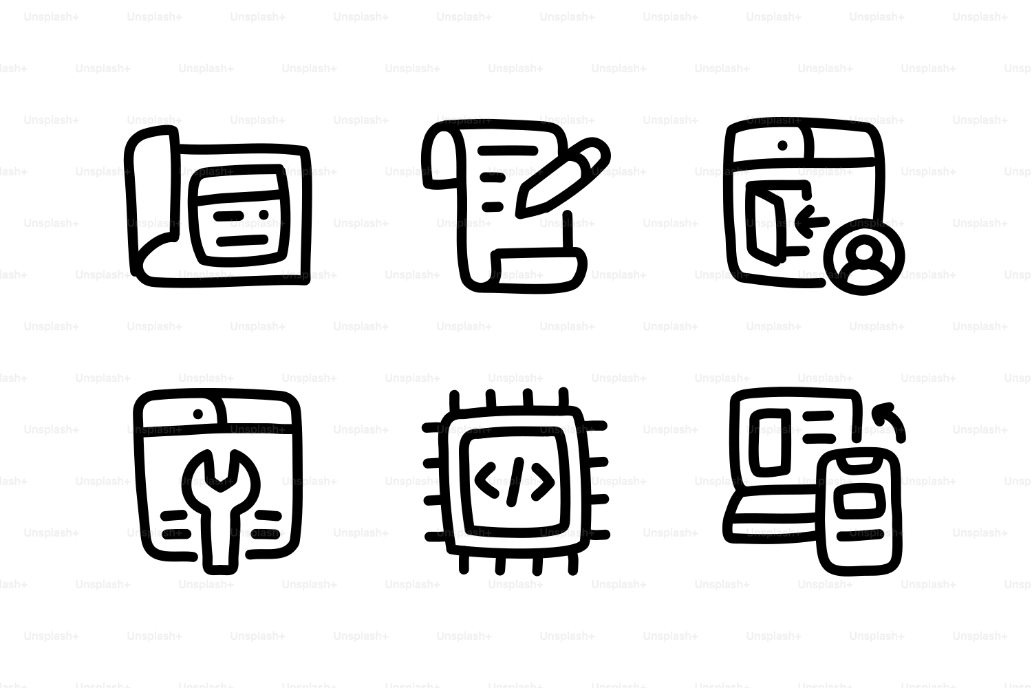 Sechs handgezeichnete Symbole, die Webentwicklungskonzepte repräsentieren.