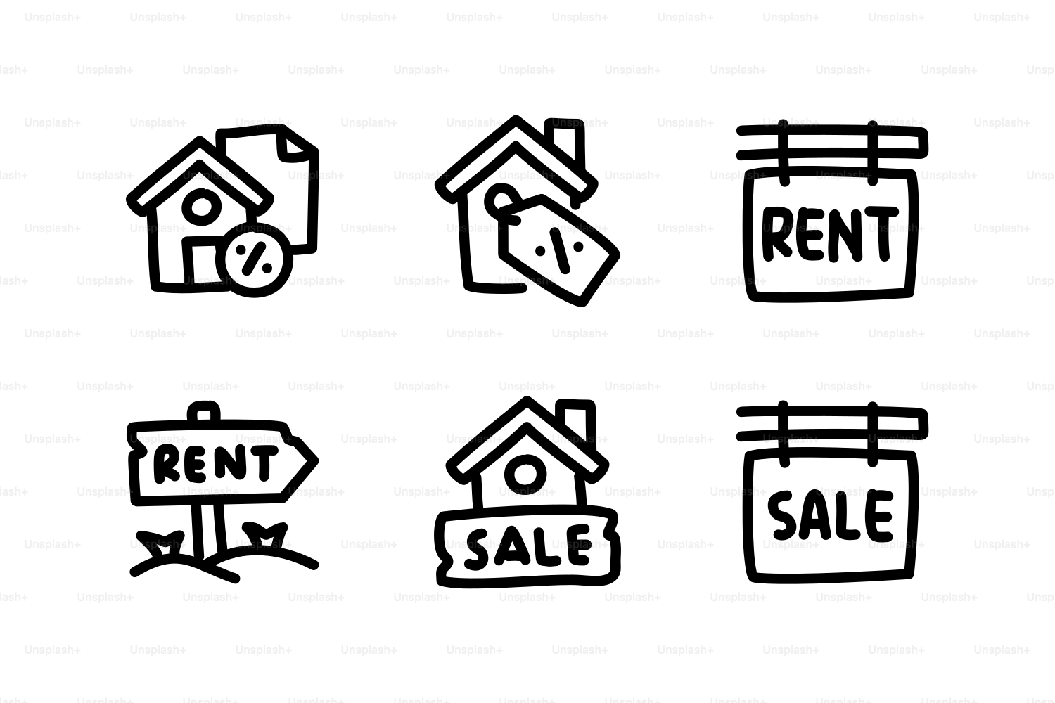 Icone di scarabocchio per immobili, affitto e vendita.