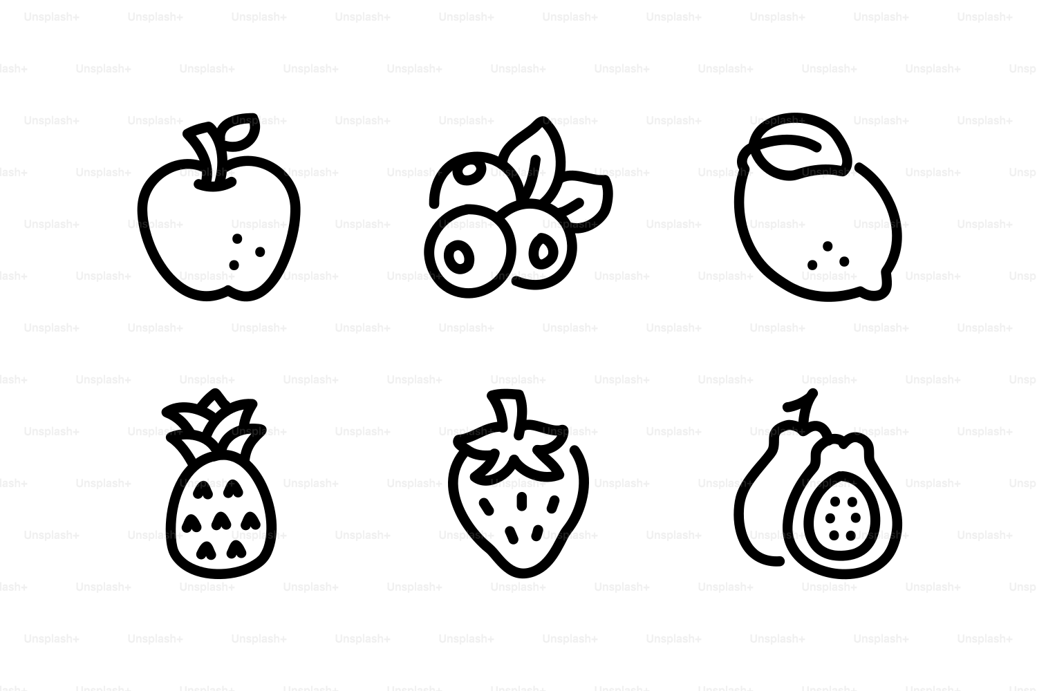 Collection of six different fruit icons on white background