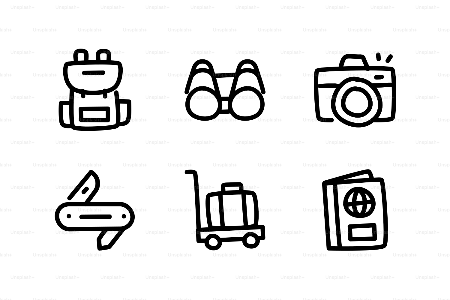 Backpack, binoculars, camera, knife, luggage, and passport icons.