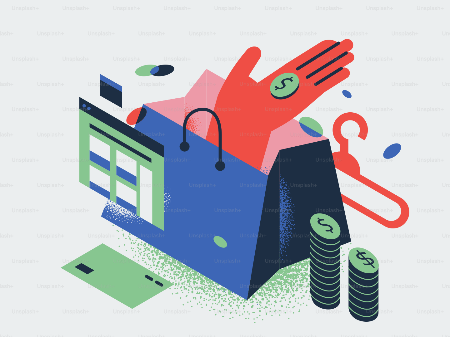 Shopping bag with hand, coins, and credit card.