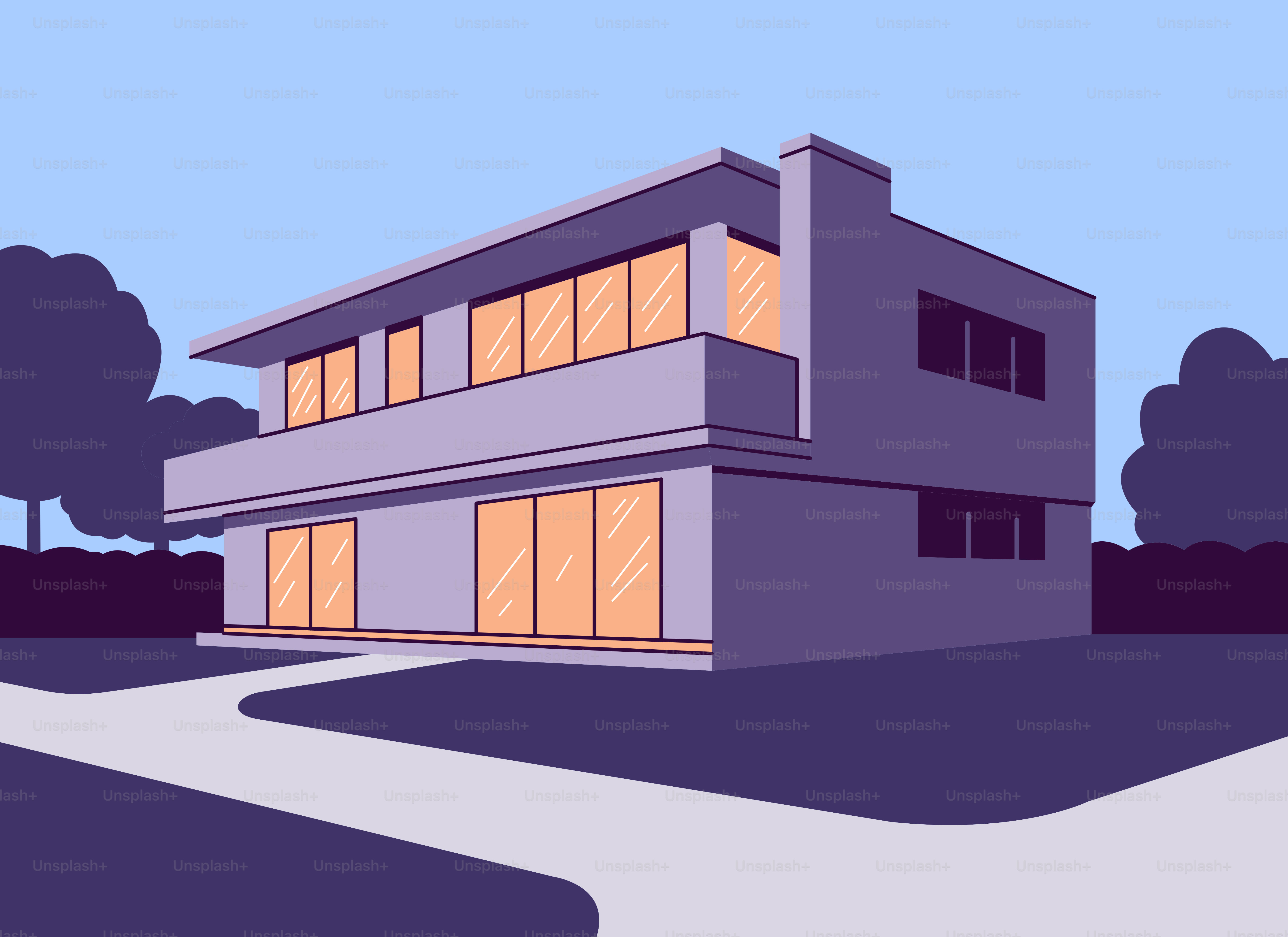 Modern two-story house with large windows and trees.