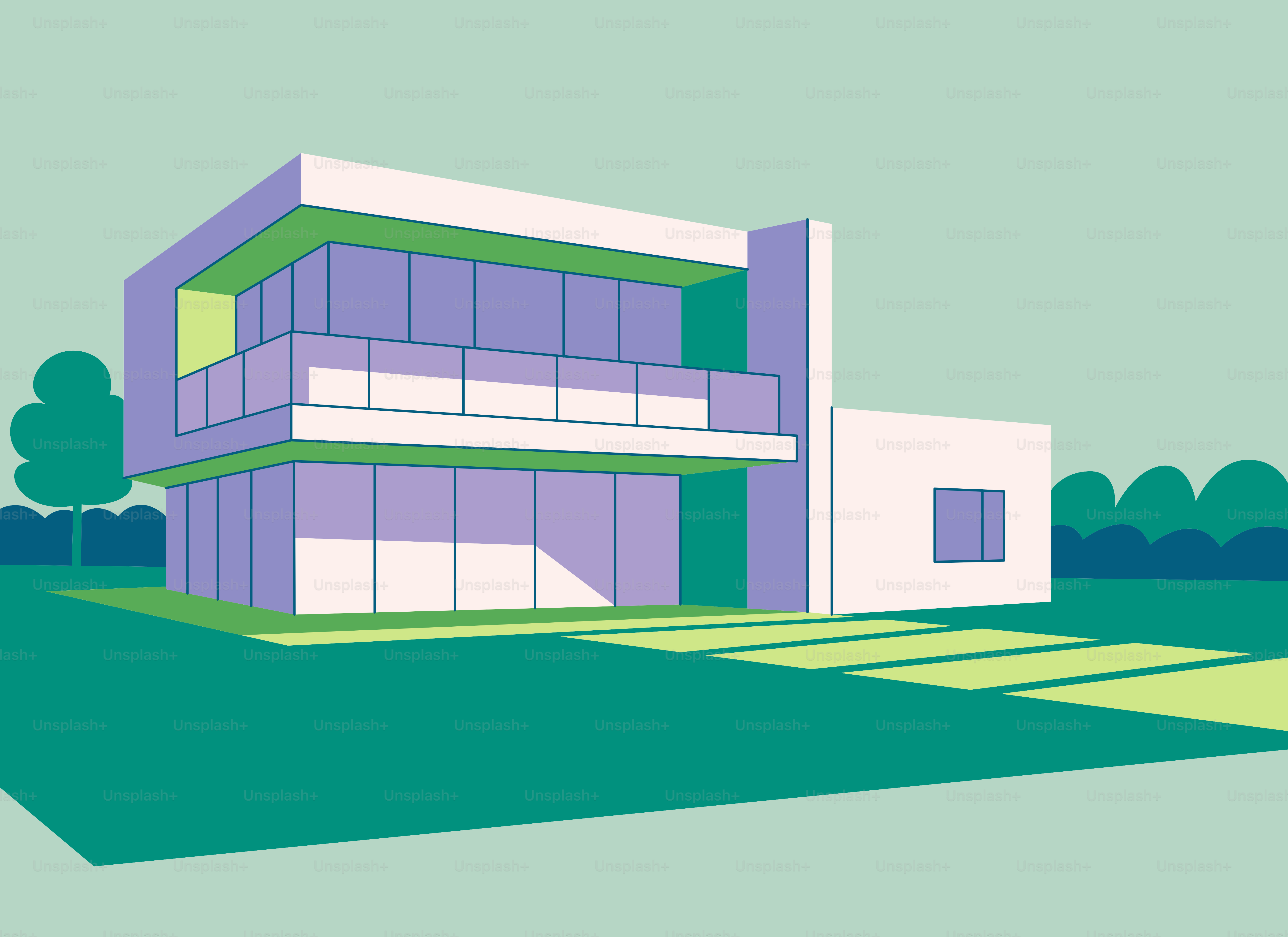 Casa moderna con grandi finestre e balcone.