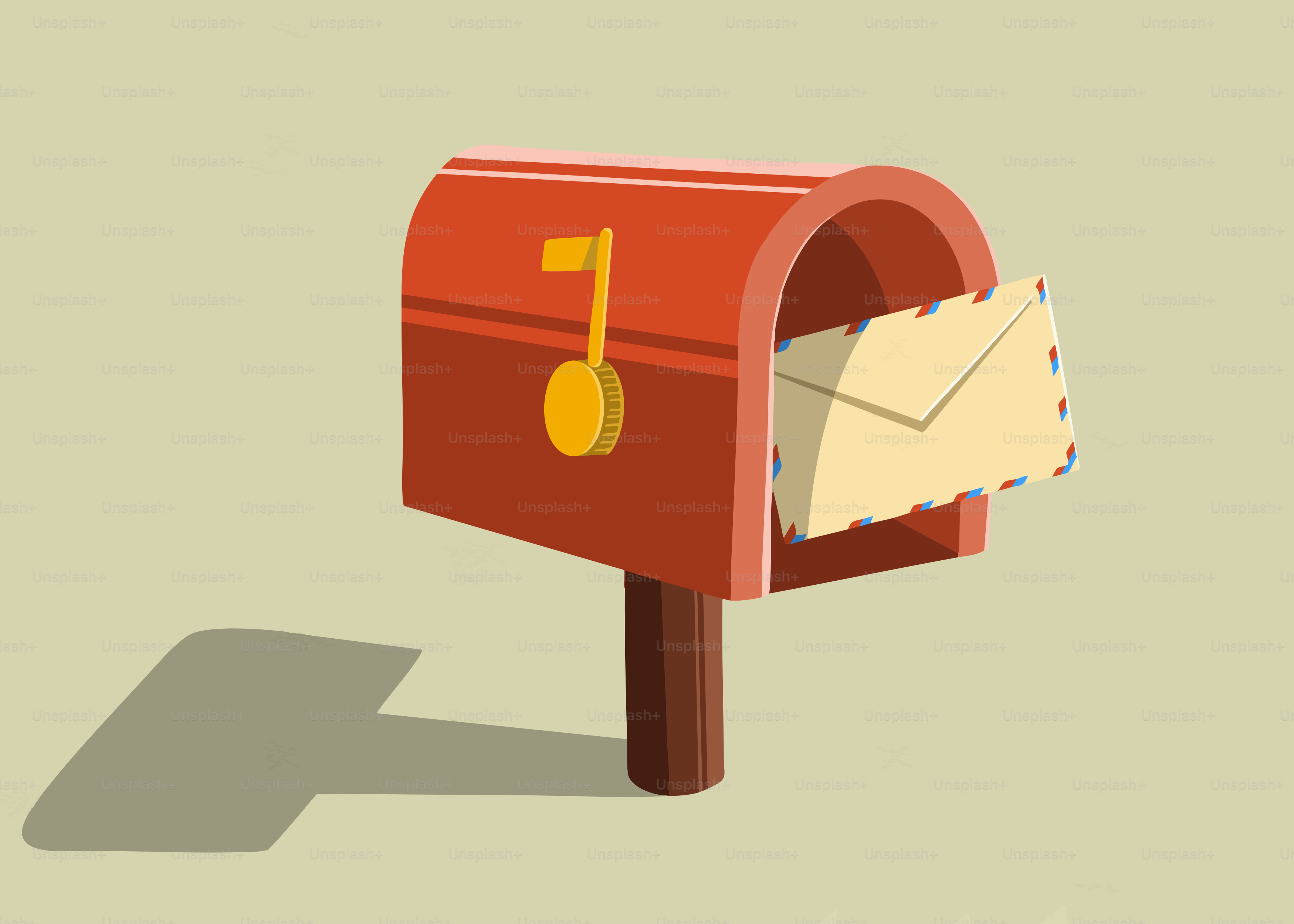 A red mailbox with a letter inside