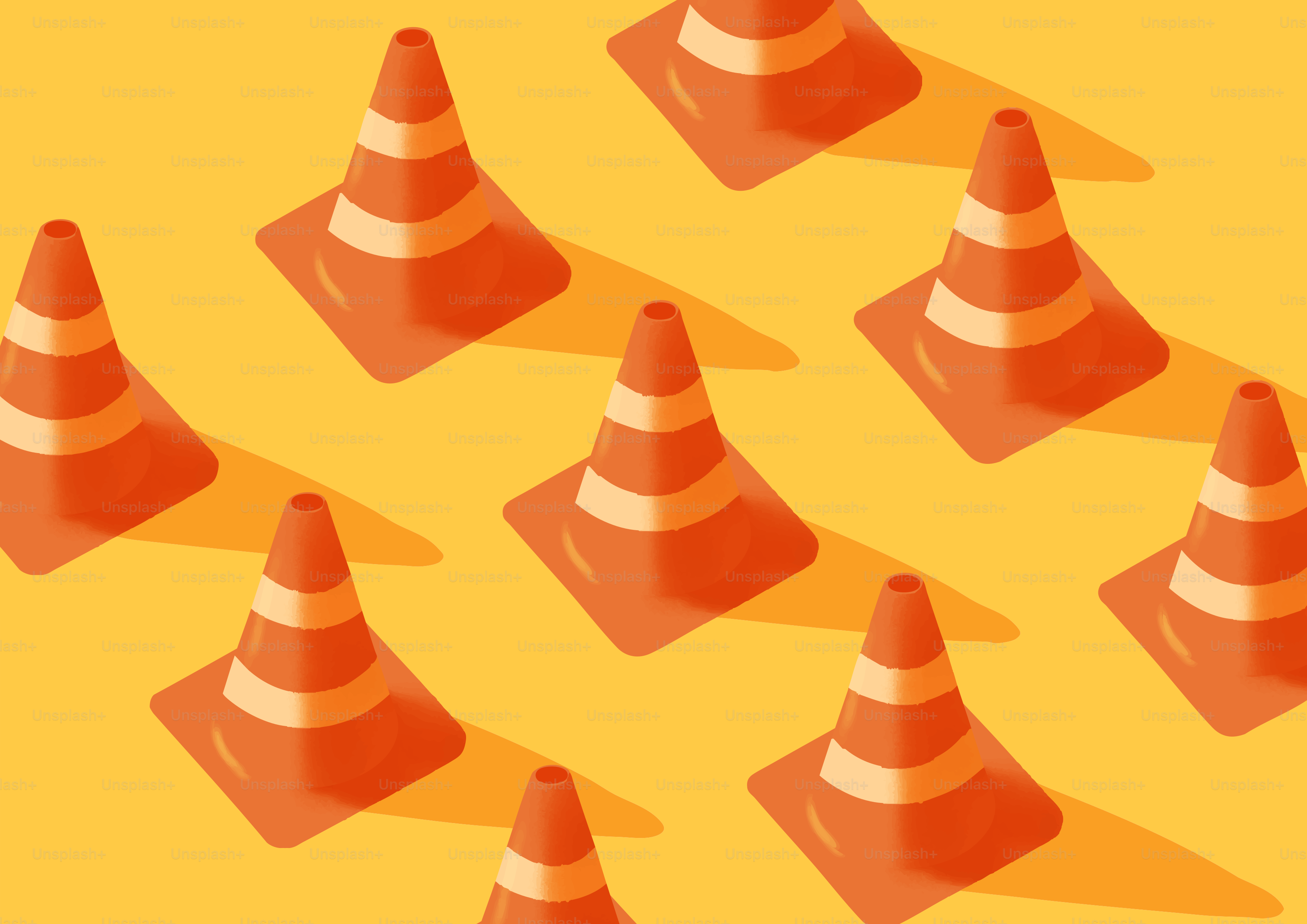 Orange traffic cones arranged on a yellow background.