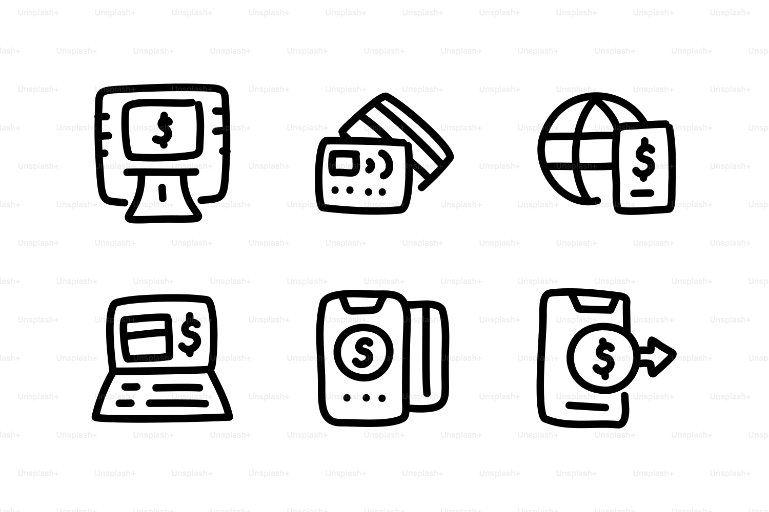 Six icons representing financial transactions and technology.