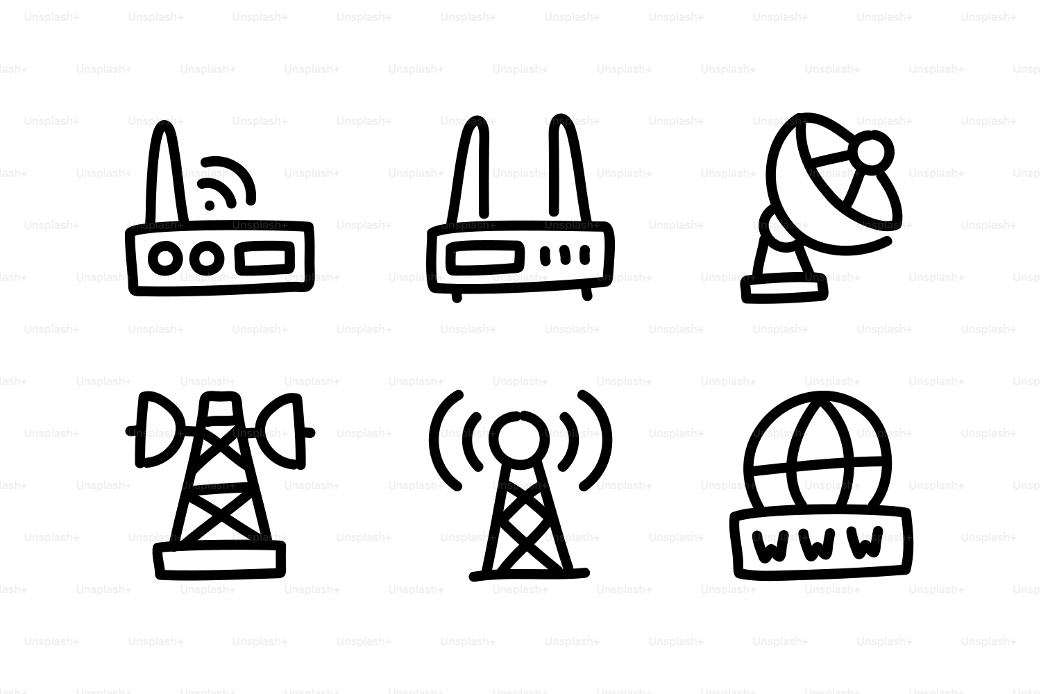 Doodle icons of communication and internet technology devices.