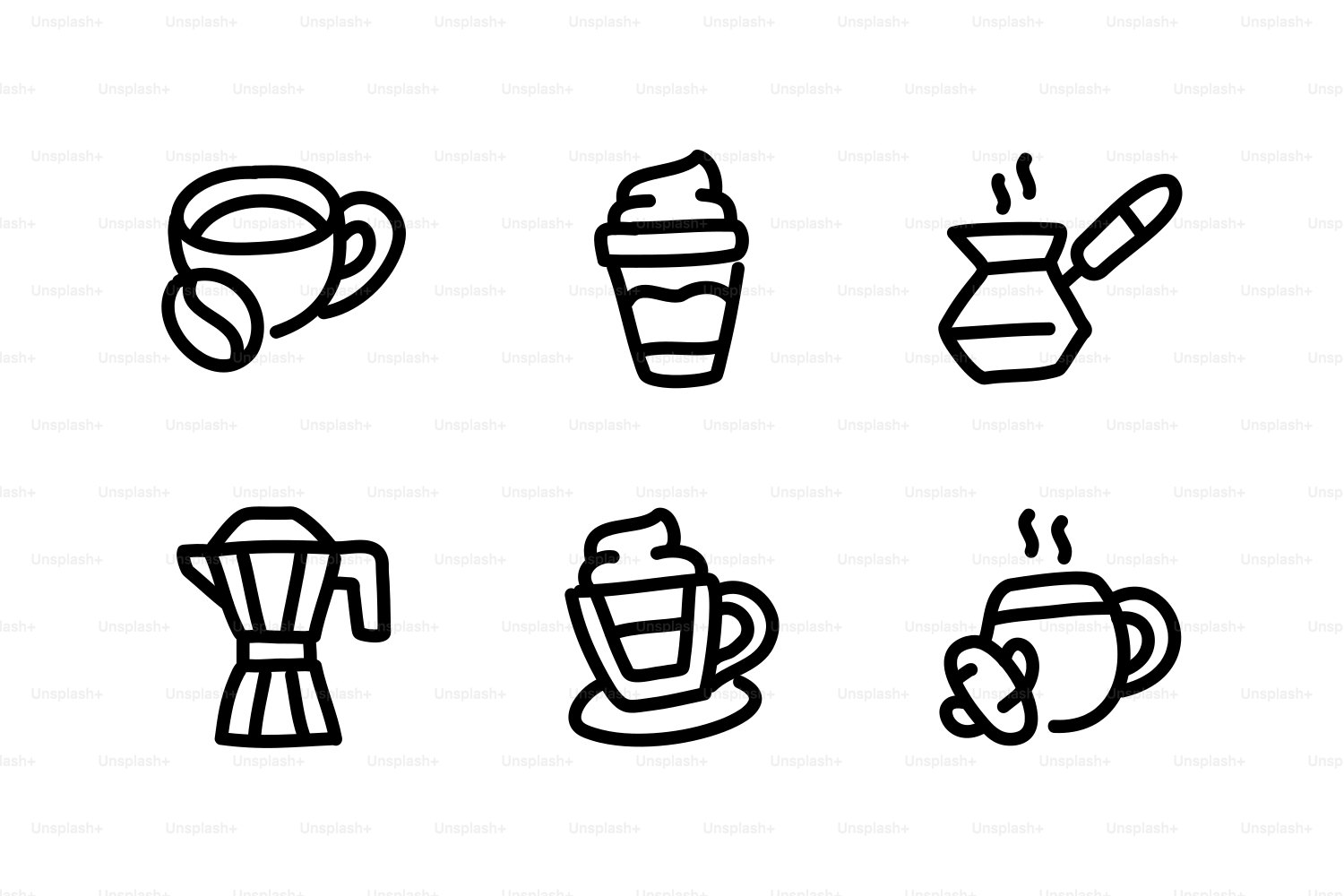 Six different coffee drinks and brewing devices