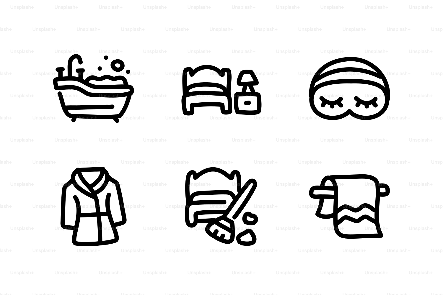 Collection of six hotel room icons in black and white