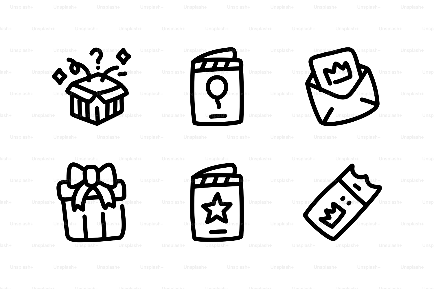 Sechs handgezeichnete Symbole von Geschenken, Eintrittskarten und Einladungen.