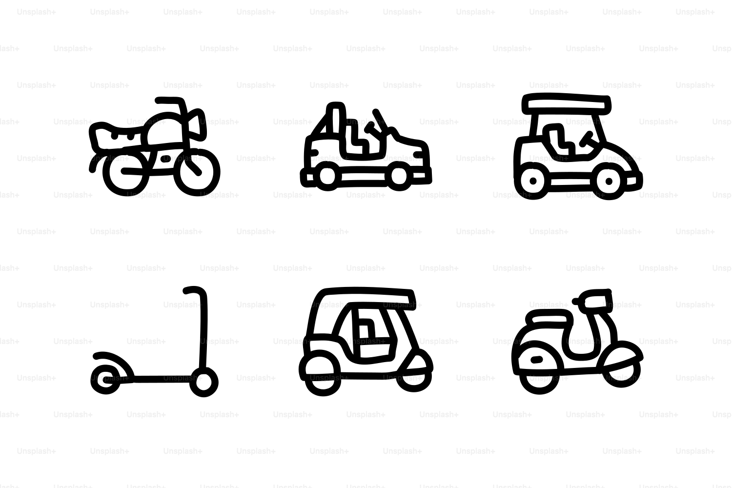 Set aus sechs verschiedenen Fahrzeugsymbolen auf weißem Hintergrund