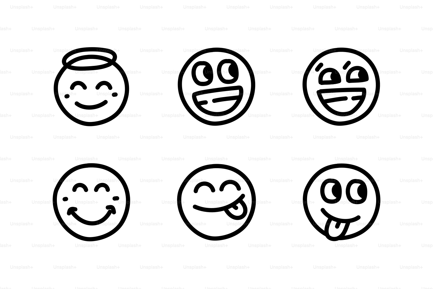 Six simple black and white emoji faces