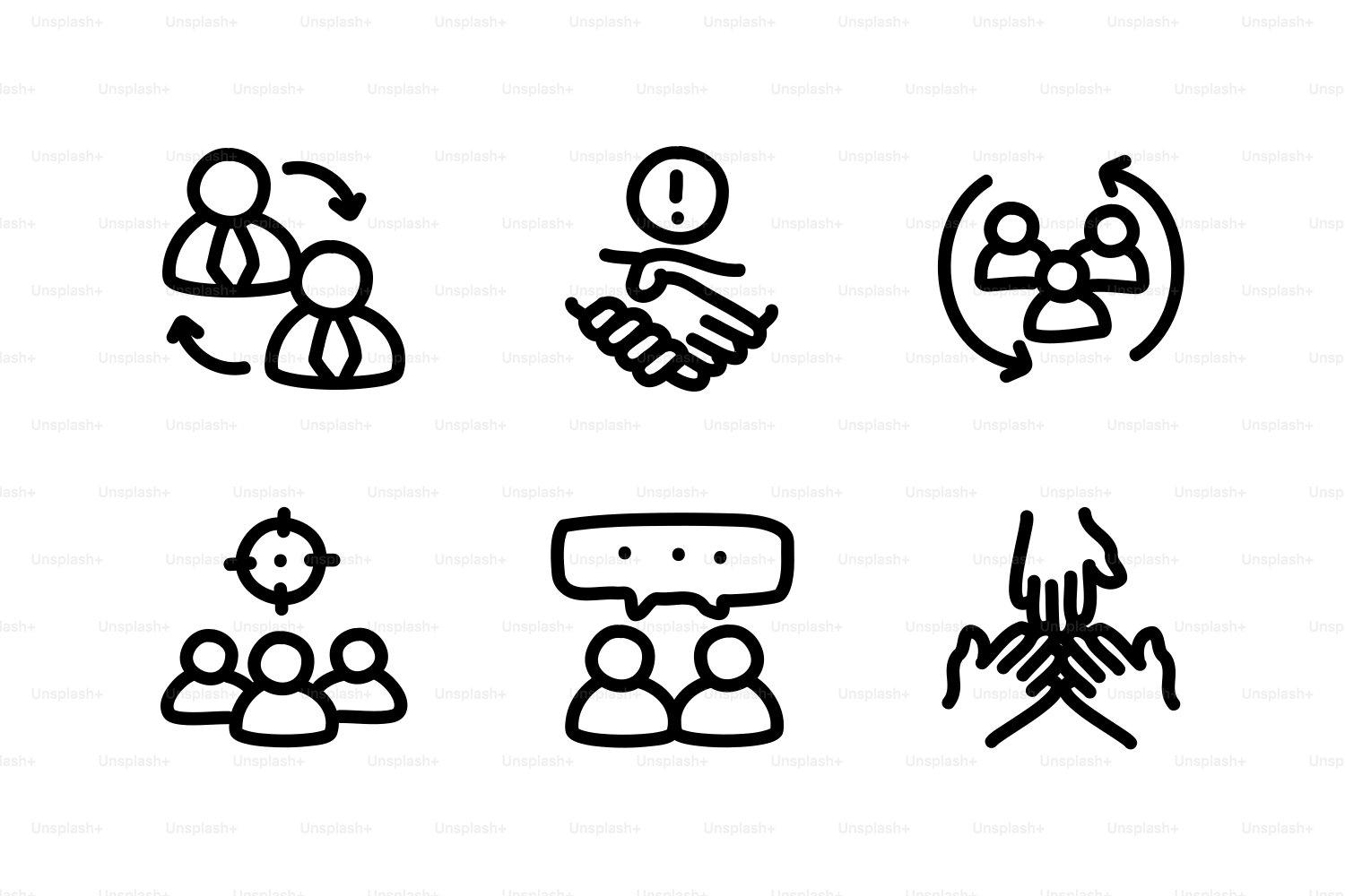 Sei semplici icone che rappresentano il lavoro di squadra e la comunicazione