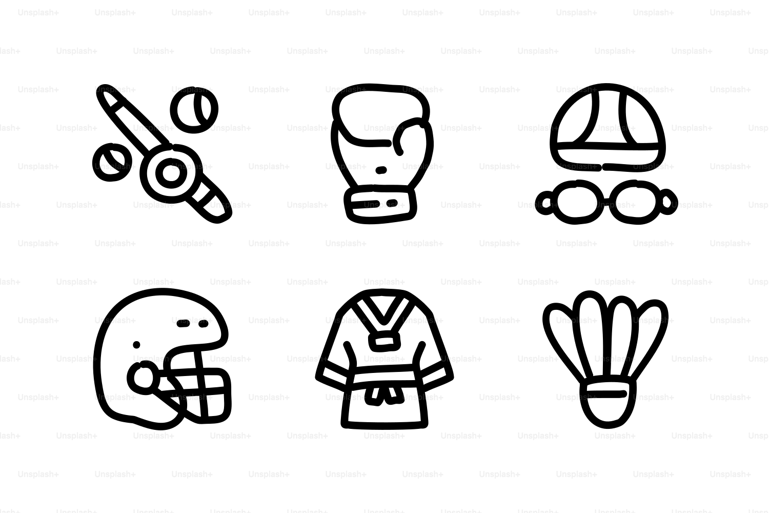 Sammlung von sechs Sportikonen auf weißem Hintergrund.