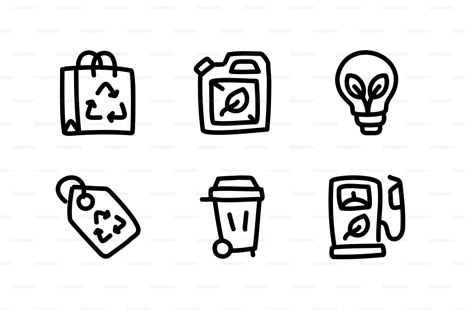 Sechs Kritzelei-Symbole, die ökologische Nachhaltigkeit und Recycling repräsentieren.