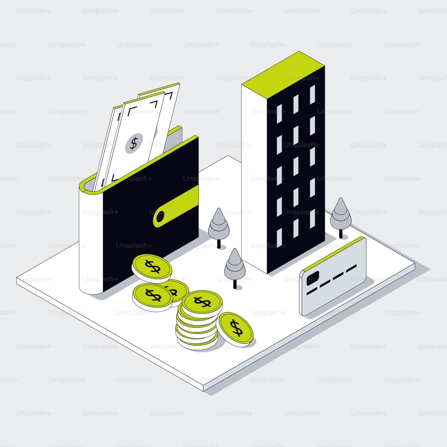 Wallet with money, coins, building, and credit card.