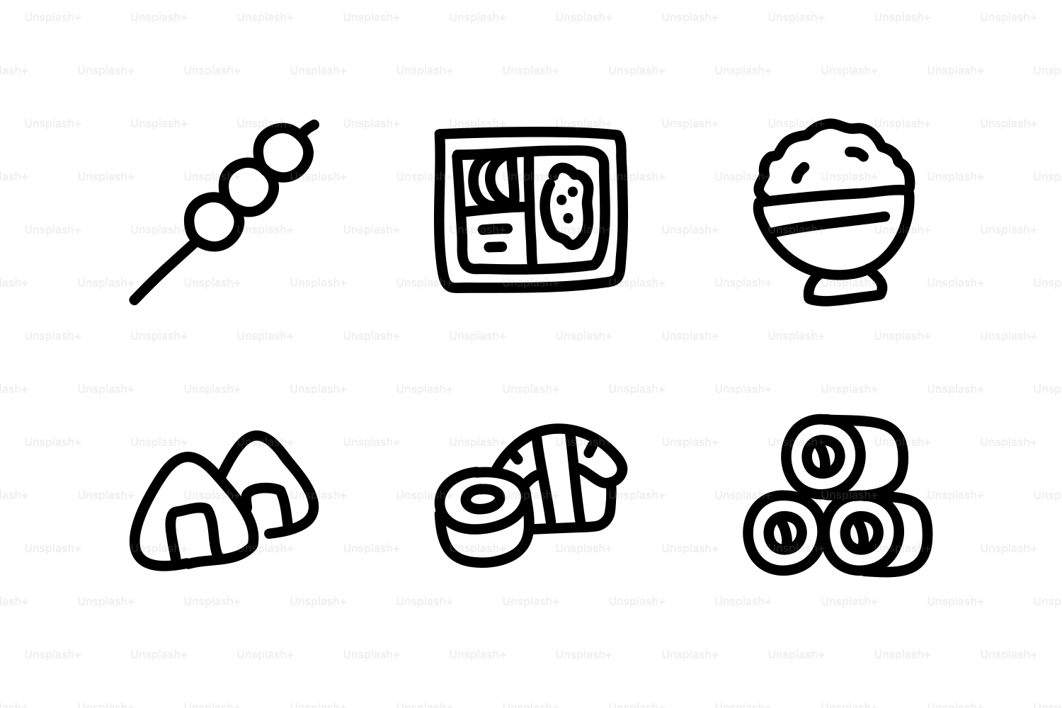 Japanische Kulinarische Ikonen: Dango, Bento, Reis, Onigiri, Sushi.