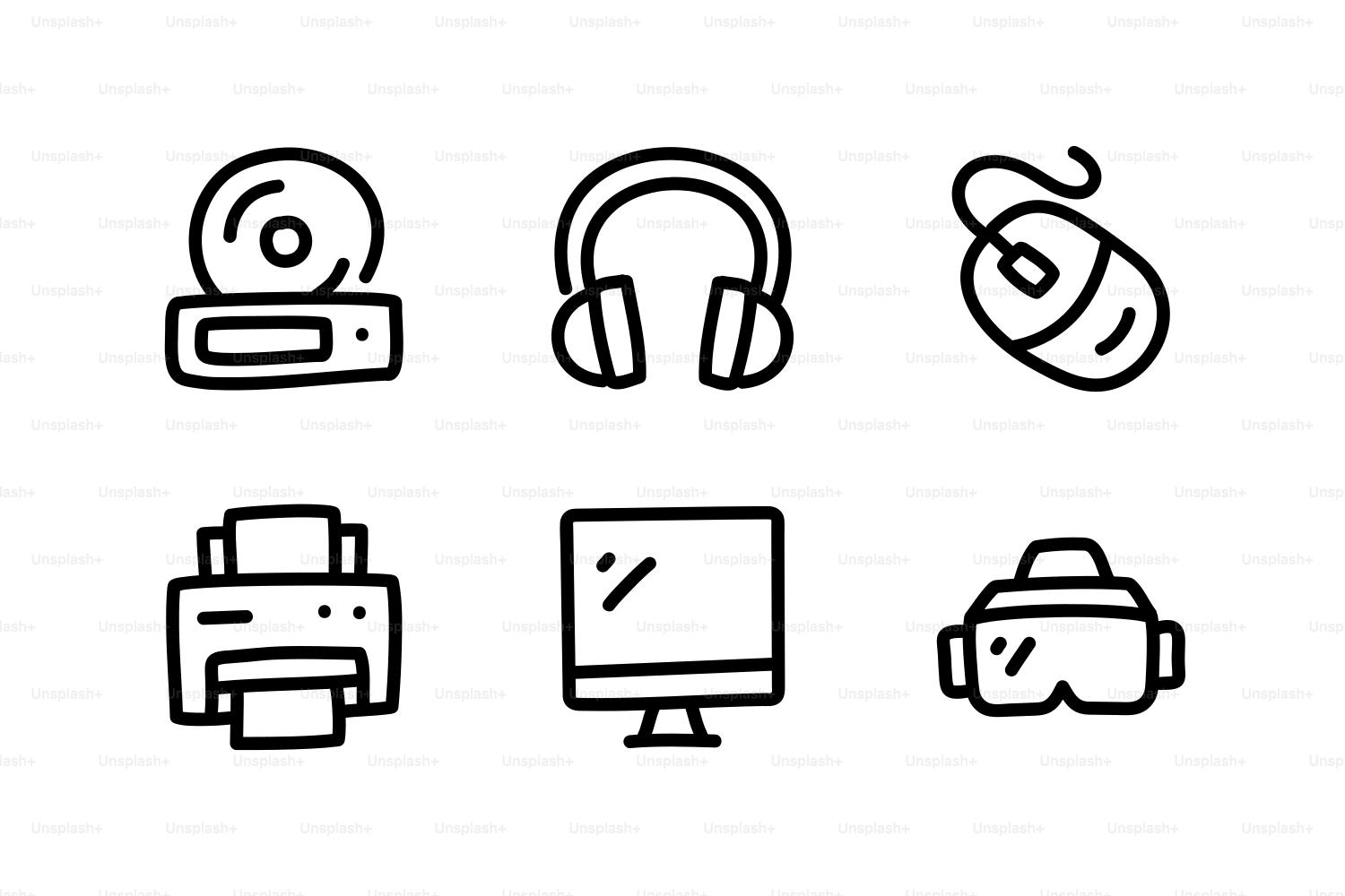 Computerzubehör und Zubehör-Symbole auf weißem Hintergrund.