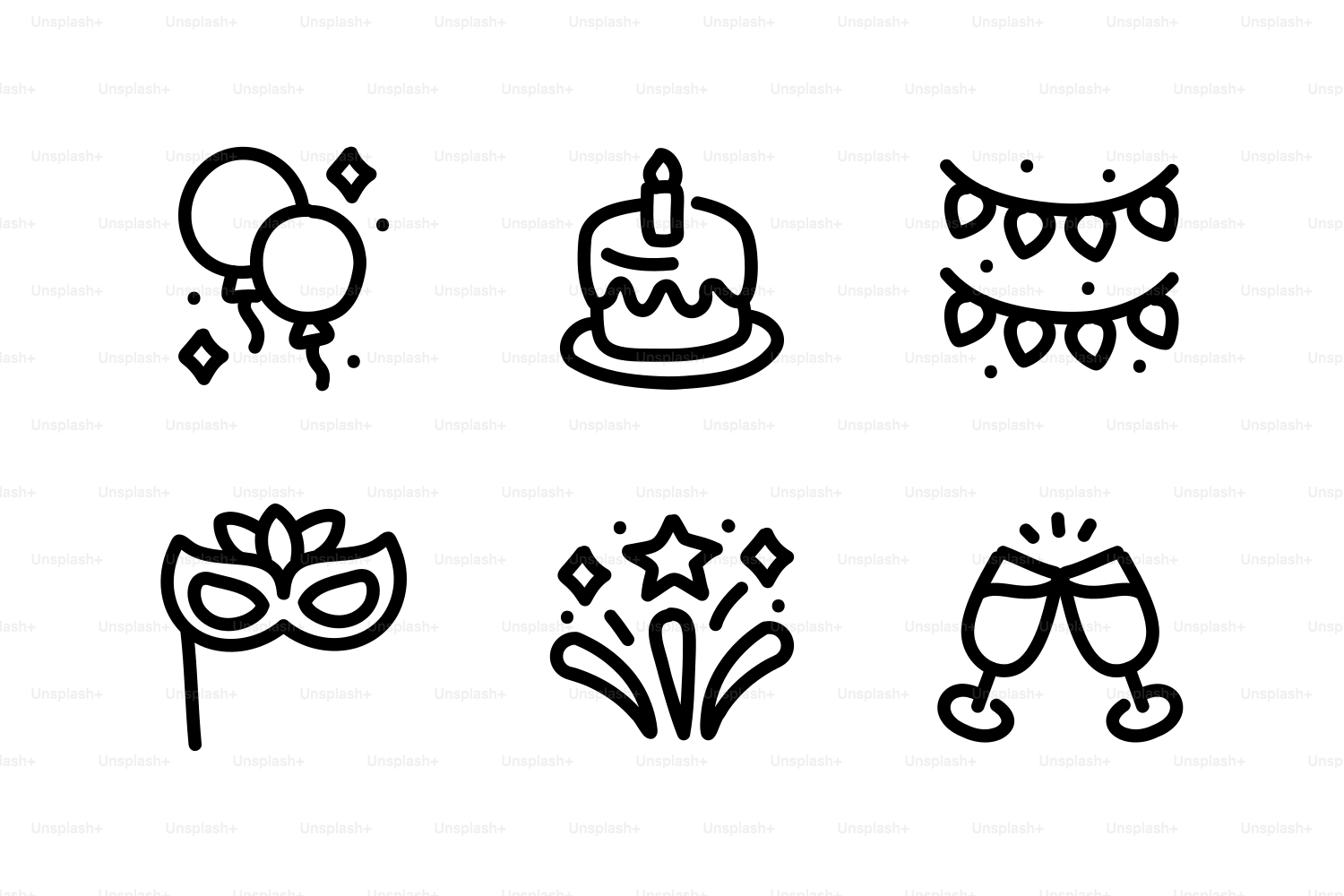 Partysymbole: Luftballons, Torte, Lichter, Maske, Feuerwerk, Brille.